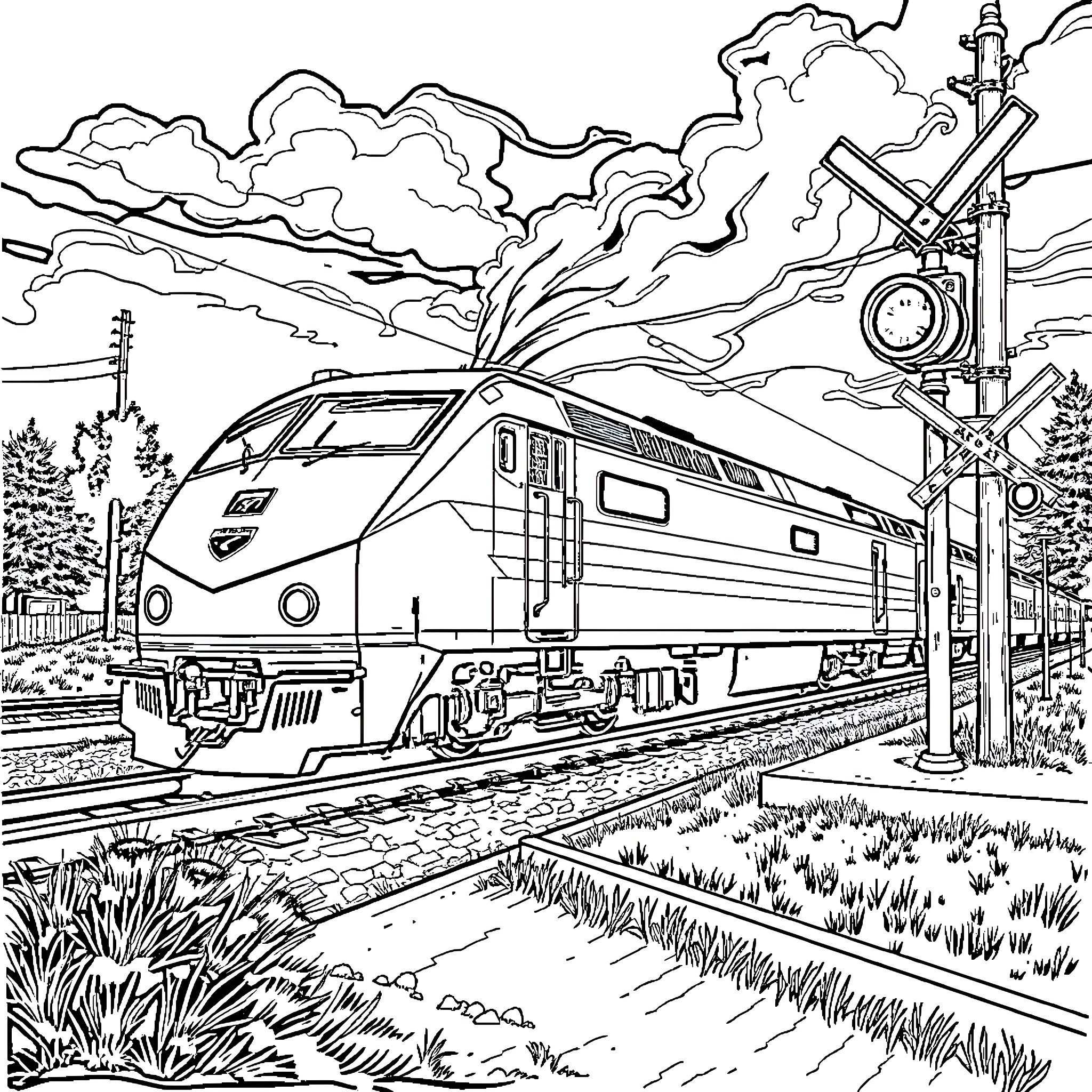 Amtrak high-speed train traveling through scenic countryside Coloring Page (free black-and-white line drawing printable PDF for all, from beginners to advanced learners, including children, teens, adults, and seniors)