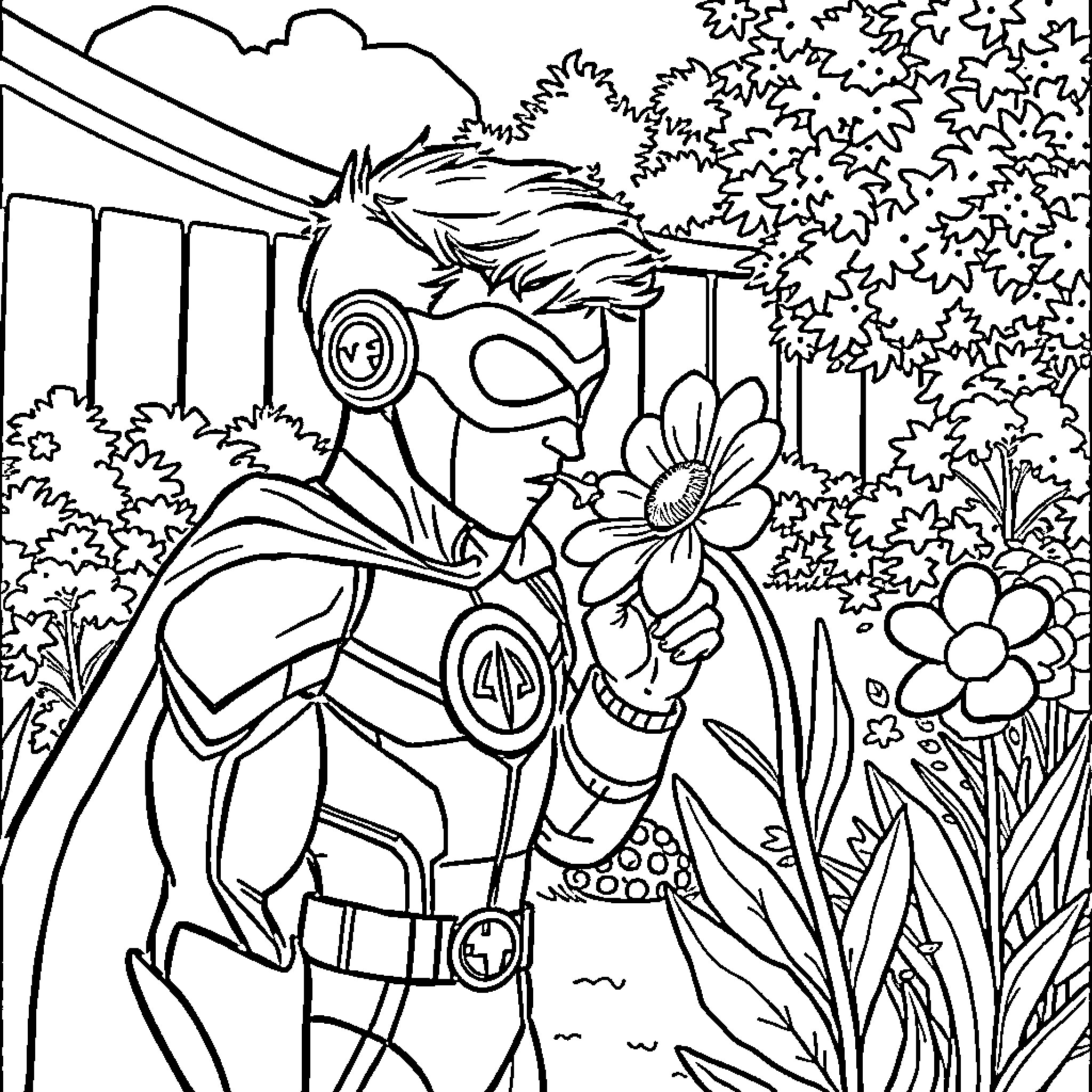 Omni Man in a serene garden landscape Coloring Page (free black-and-white line drawing printable PDF for all, from beginners to advanced learners, including children, teens, adults, and seniors)
