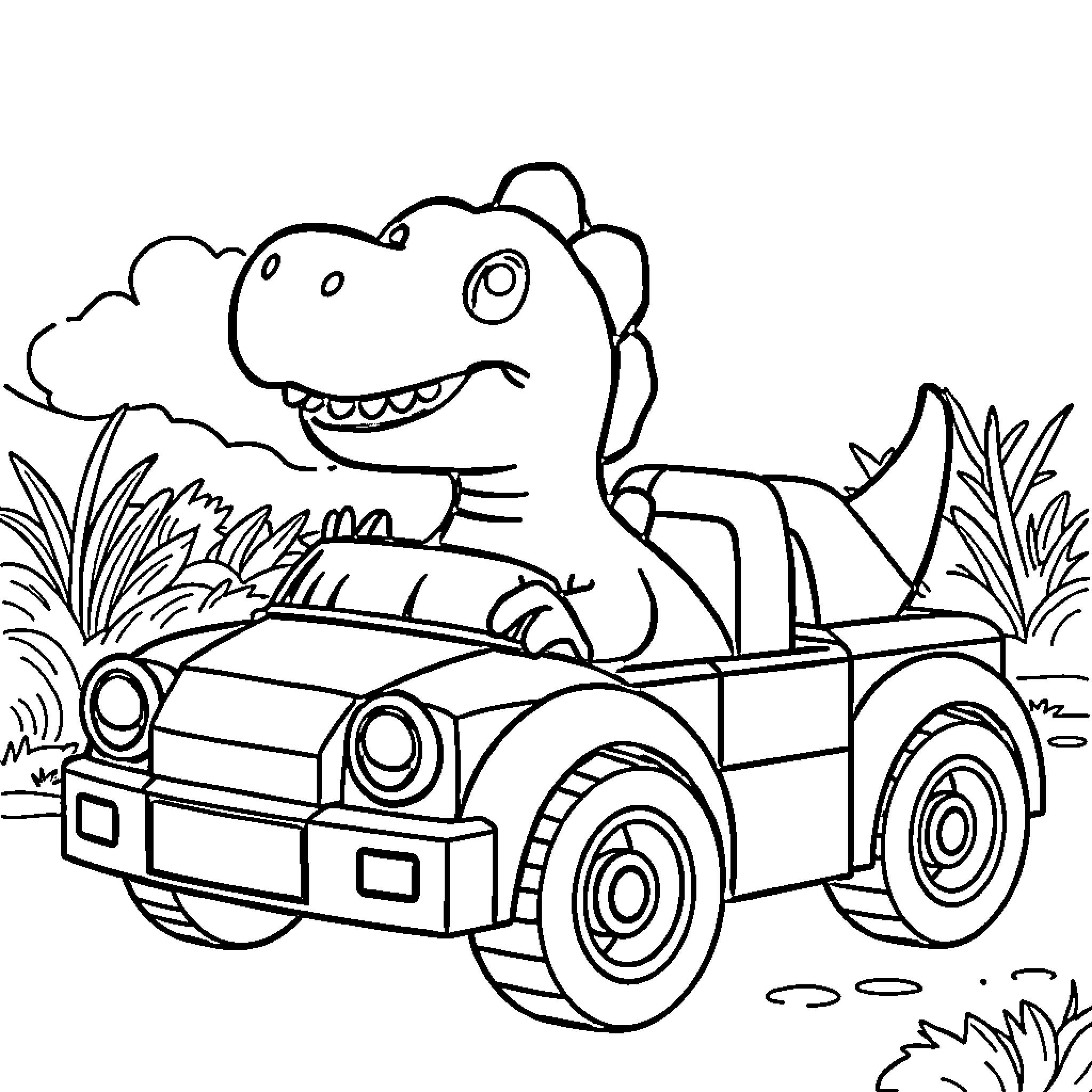 Dino driving a fun cartoon car Coloring Page (free black-and-white line drawing printable PDF for all, from beginners to advanced learners, including children, teens, adults, and seniors)