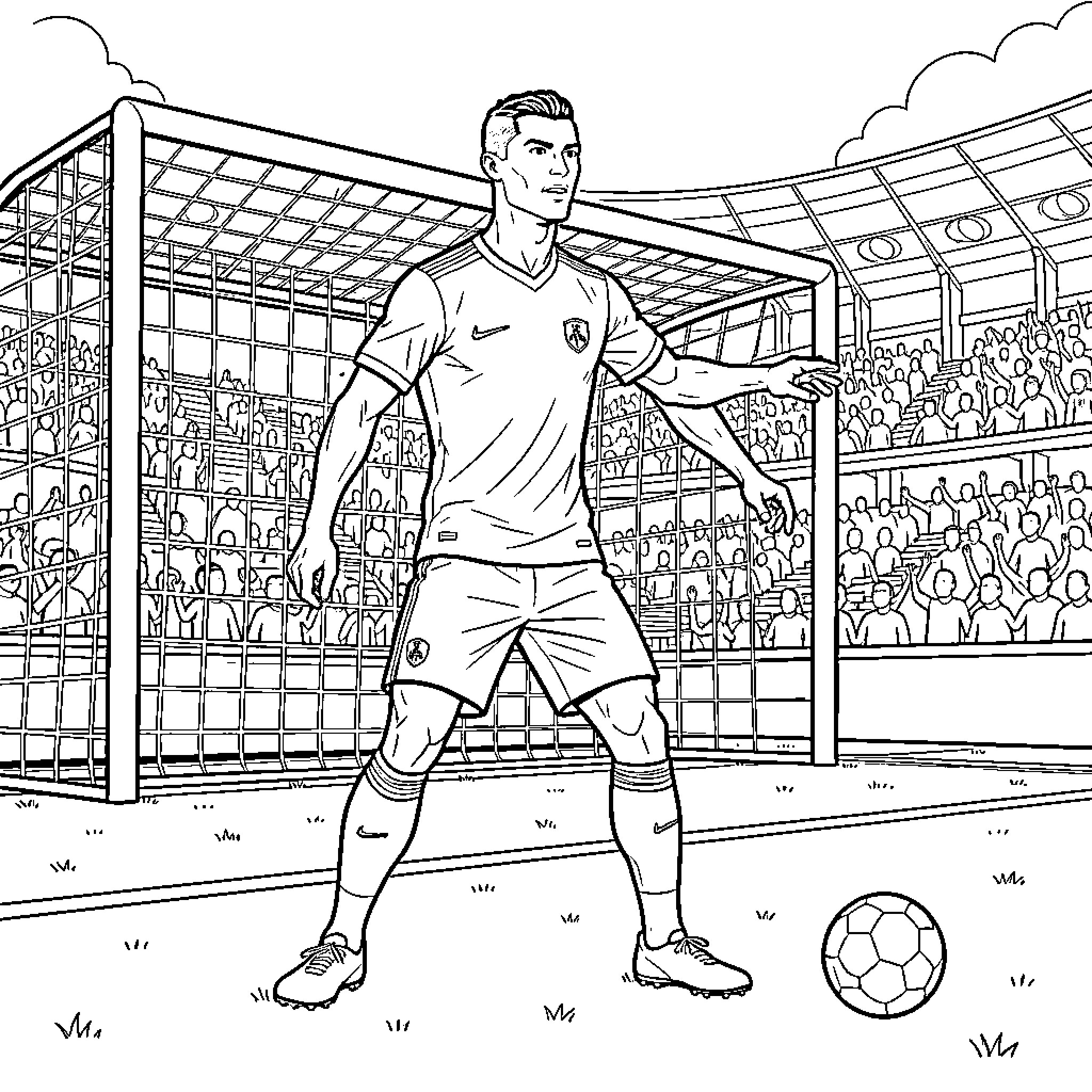 Cristiano Ronaldo standing on a football pitch Coloring Page (free black-and-white line drawing printable PDF for all, from beginners to advanced learners, including children, teens, adults, and seniors)