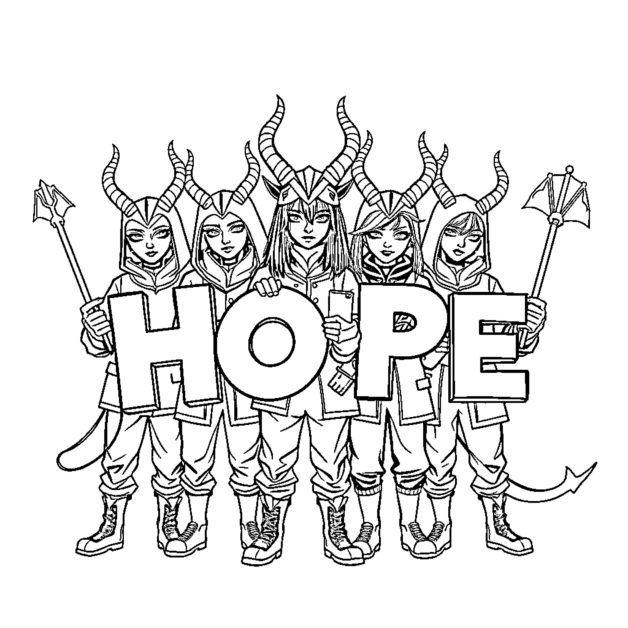 Demon Hunter Warriors Holding HOPE Banner Coloring Page (free black-and-white line drawing printable PDF for all, from beginners to advanced learners, including children, teens, adults, and seniors)