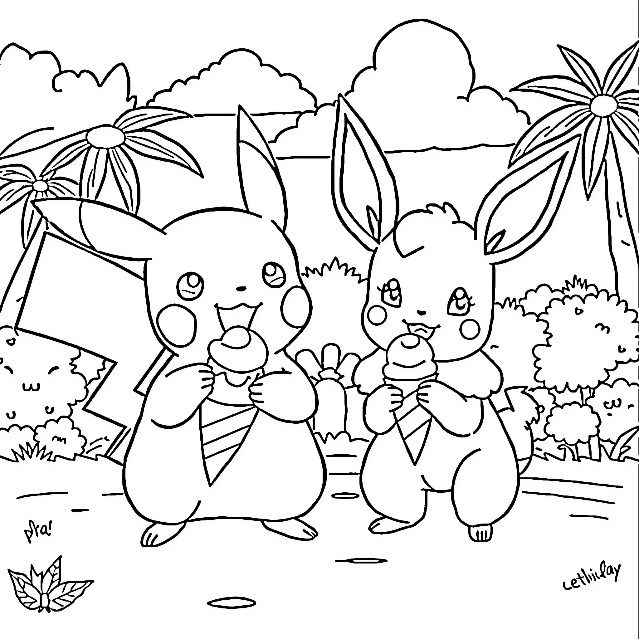 Pikachu enjoying a playful day with friends in nature Coloring Page (free black-and-white line drawing printable PDF for all, from beginners to advanced learners, including children, teens, adults, and seniors)