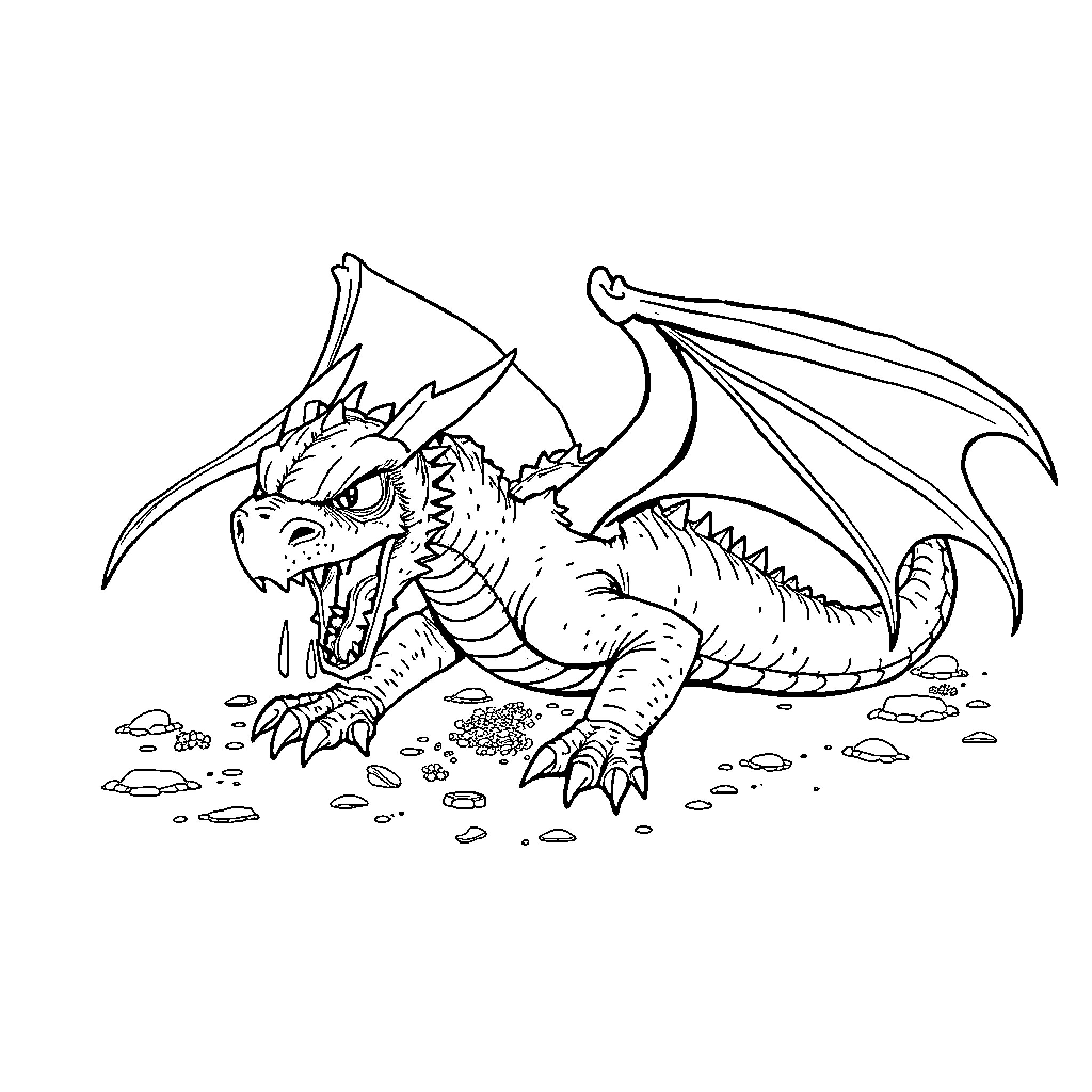 Dragon Unleashing Fierce Roar on Rugged Terrain Coloring Page (free black-and-white line drawing printable PDF for all, from beginners to advanced learners, including children, teens, adults, and seniors)