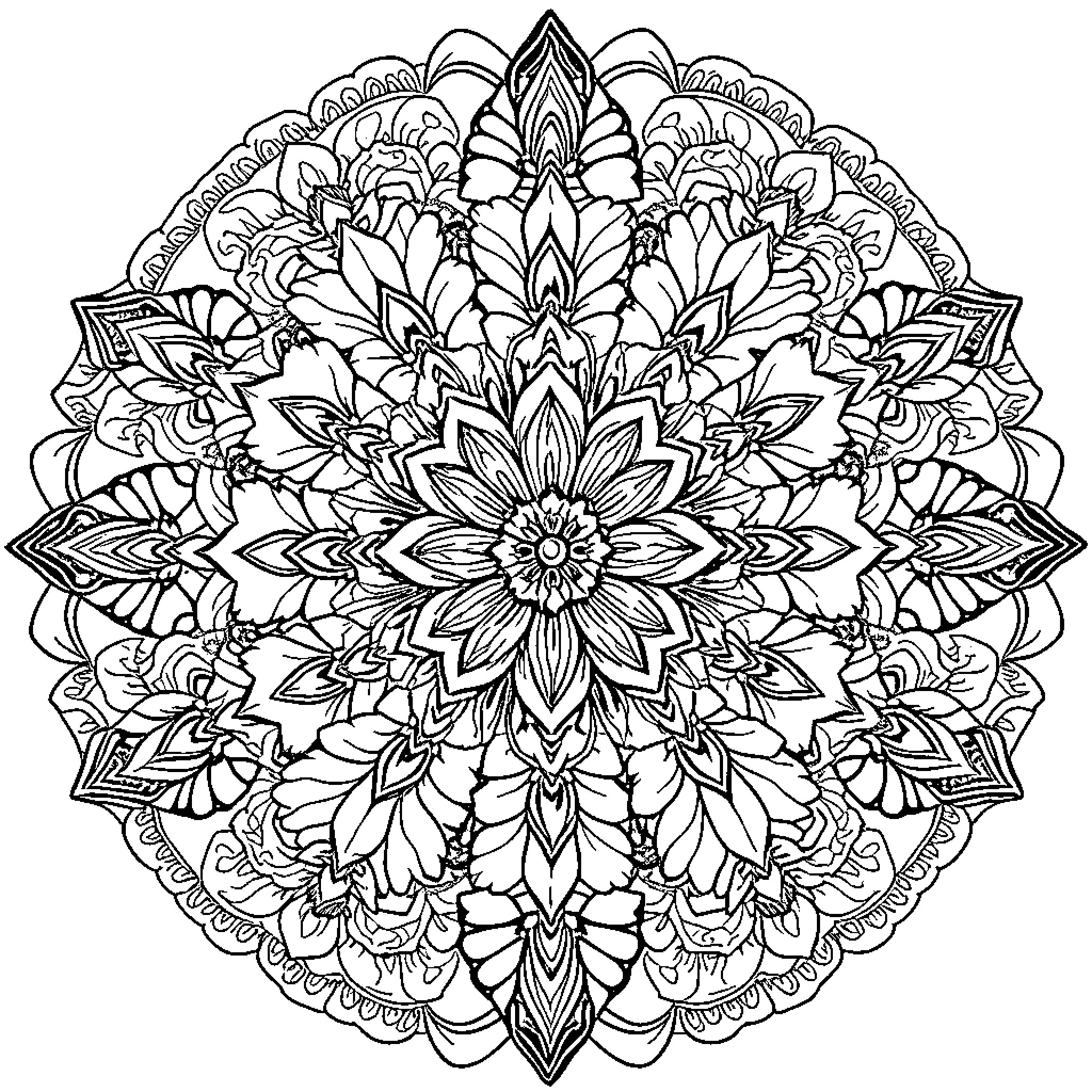 Mandala of intricate floral patterns Coloring Page (free black-and-white line drawing printable PDF for all, from beginners to advanced learners, including children, teens, adults, and seniors)