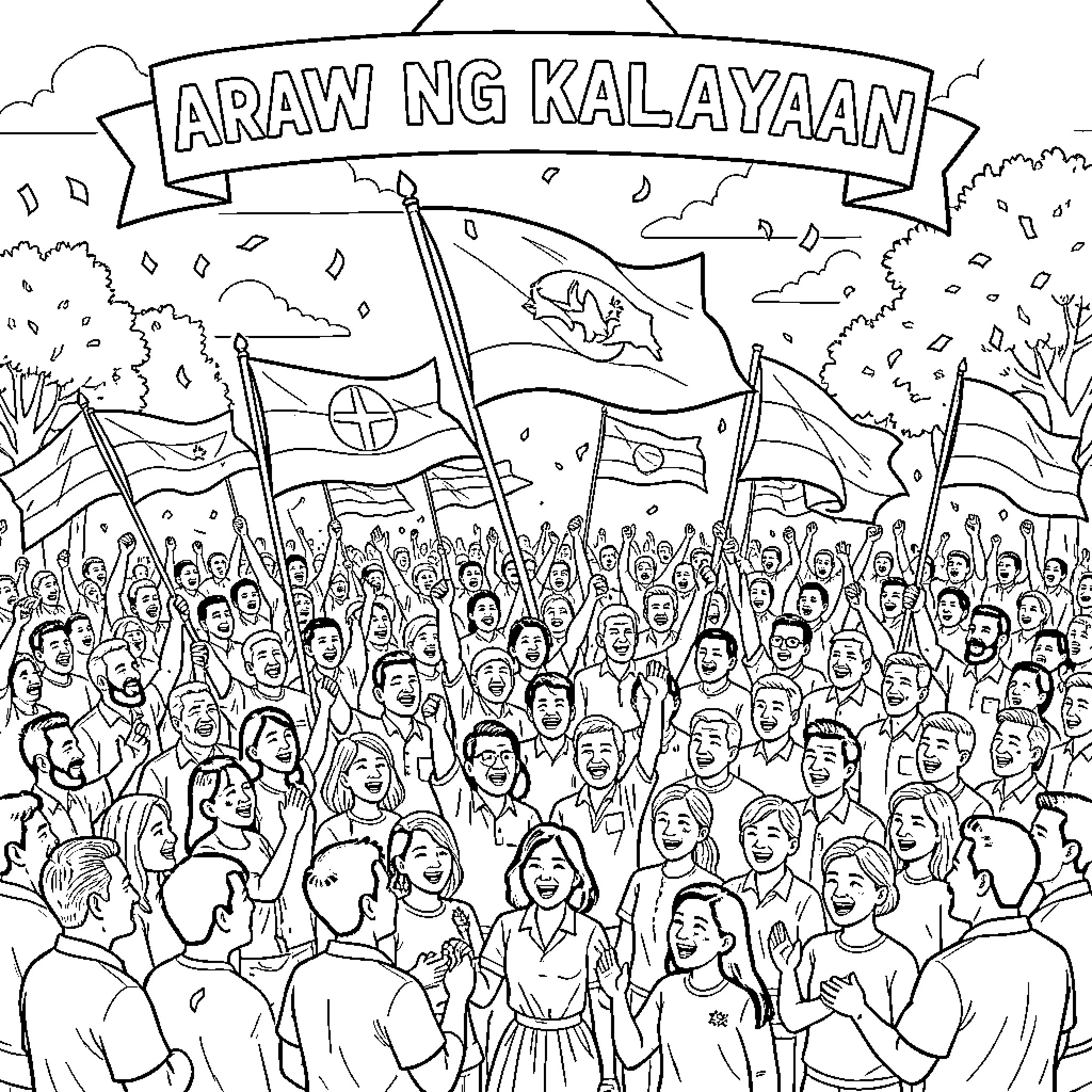 Freedom celebrated by a cheering crowd waving flags Coloring Page (free black-and-white line drawing printable PDF for all, from beginners to advanced learners, including children, teens, adults, and seniors)
