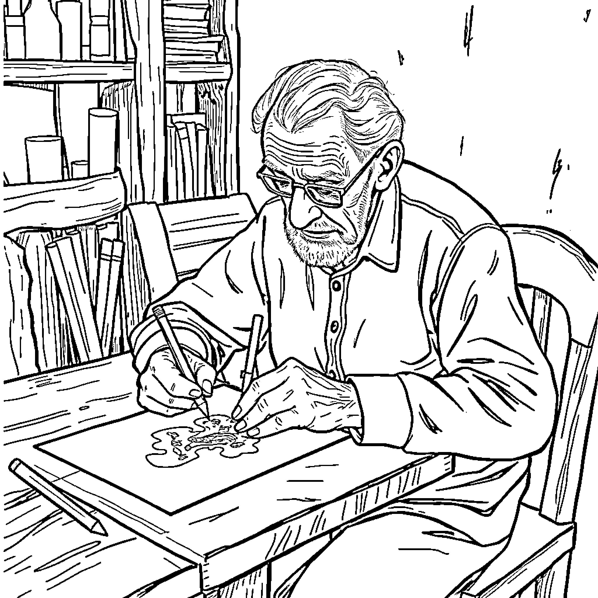Old Person Intently Working on Artwork in Study Coloring Page (free black-and-white line drawing printable PDF for all, from beginners to advanced learners, including children, teens, adults, and seniors)