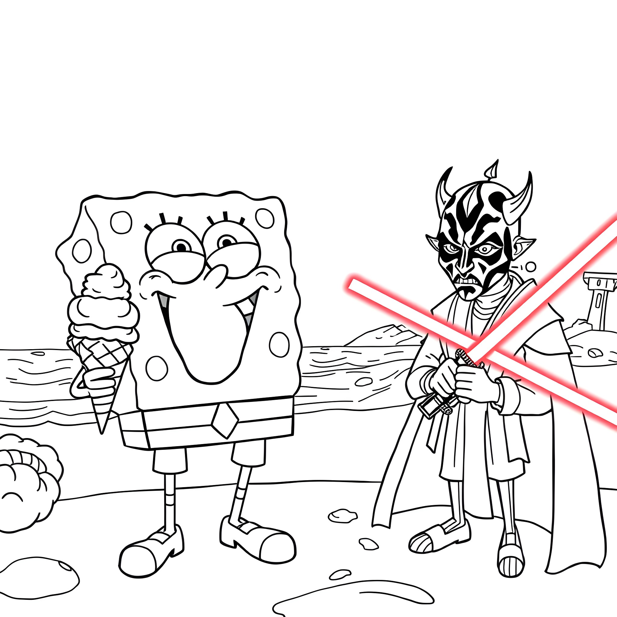 Spongebob and Darth Vader in a Lightsaber Duel Coloring Page (free black-and-white line drawing printable PDF for all, from beginners to advanced learners, including children, teens, adults, and seniors)