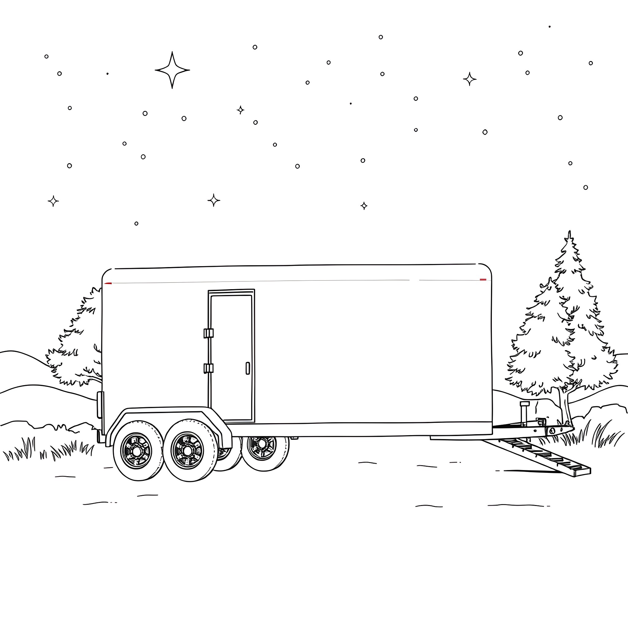 Car Trailer Parked in the Countryside Coloring Page (free black-and-white line drawing printable PDF for all, from beginners to advanced learners, including children, teens, adults, and seniors)