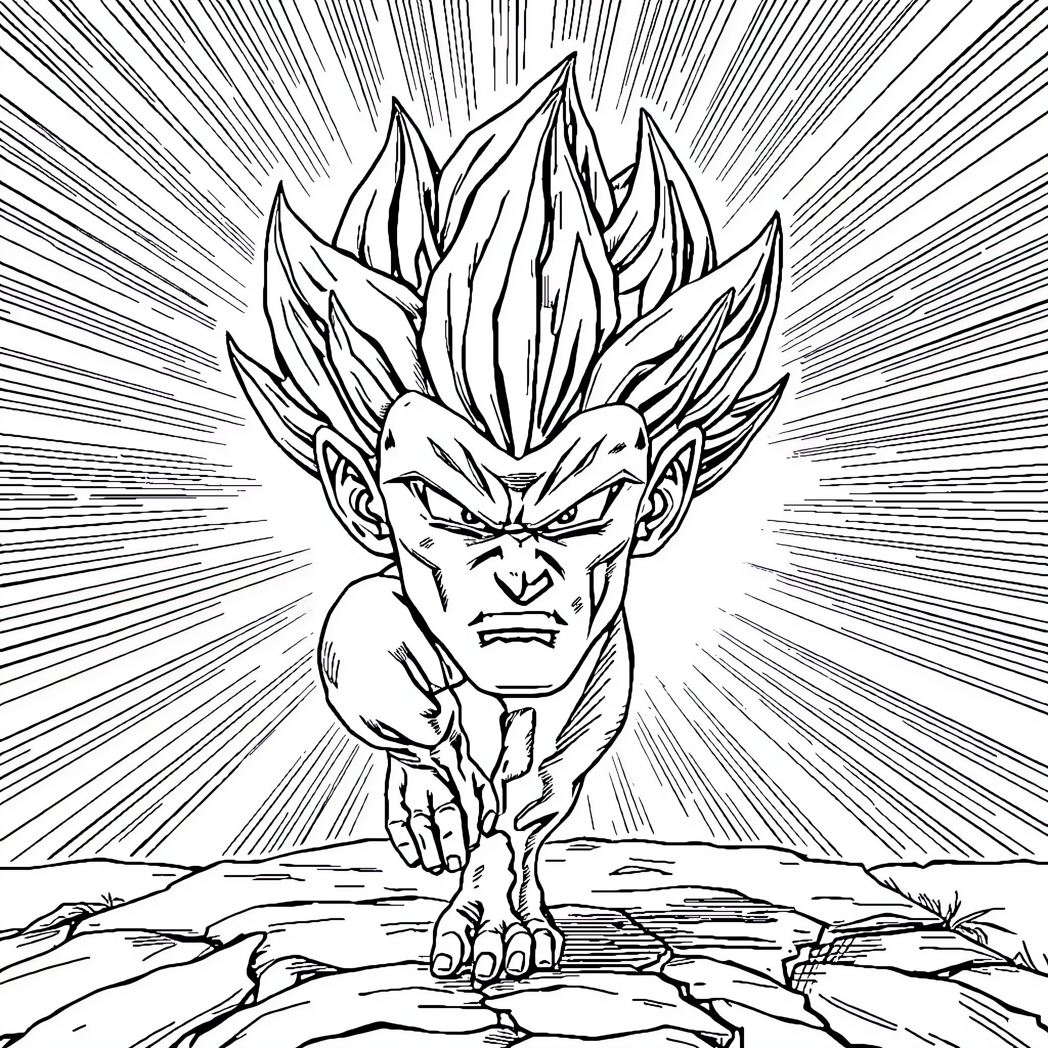 Vegeta's Powerful Transformation Coloring Page (free black-and-white line drawing printable PDF for all, from beginners to advanced learners, including children, teens, adults, and seniors)