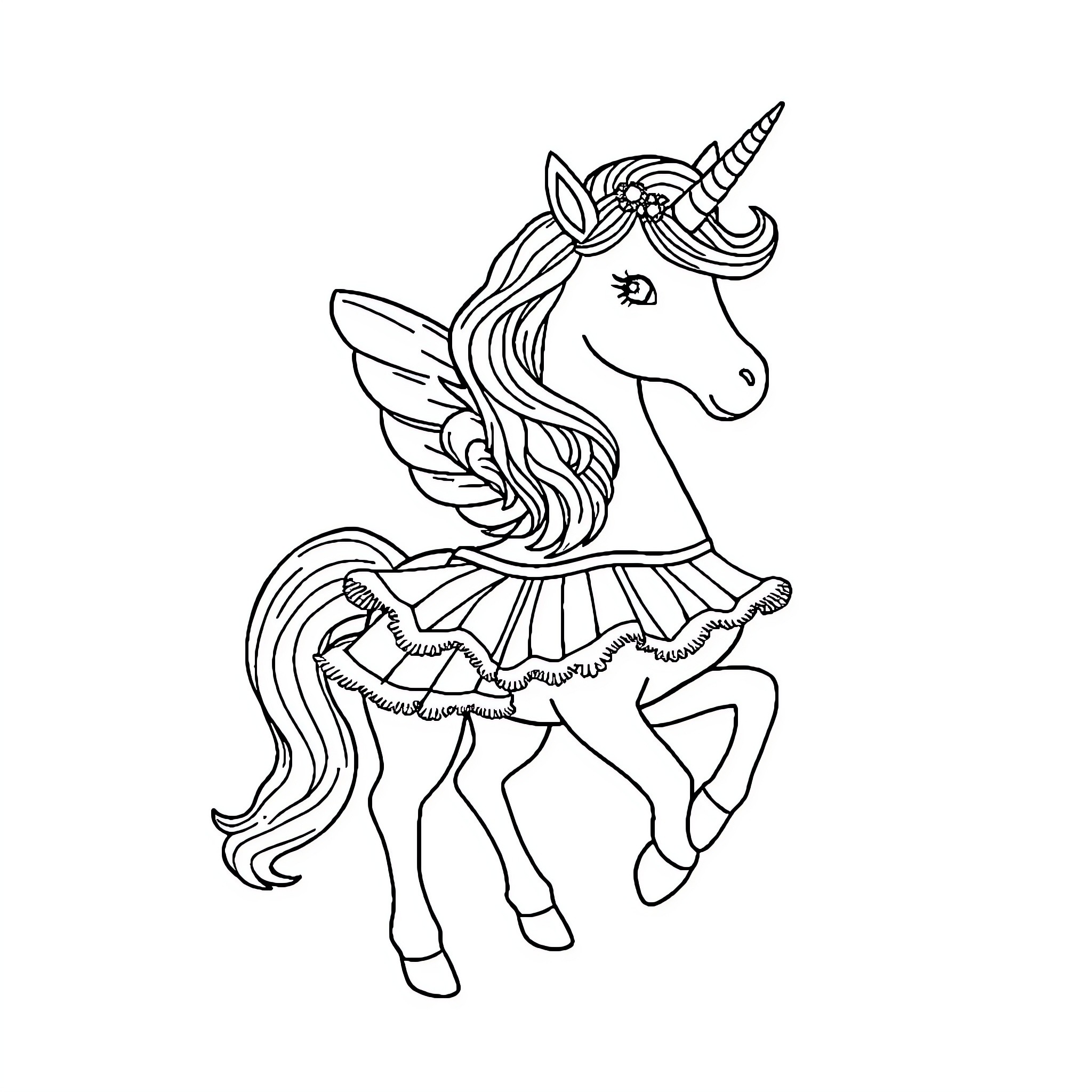 Unicorn wearing a fancy dress prancing happily Coloring Page (free black-and-white line drawing printable PDF for all, from beginners to advanced learners, including children, teens, adults, and seniors)