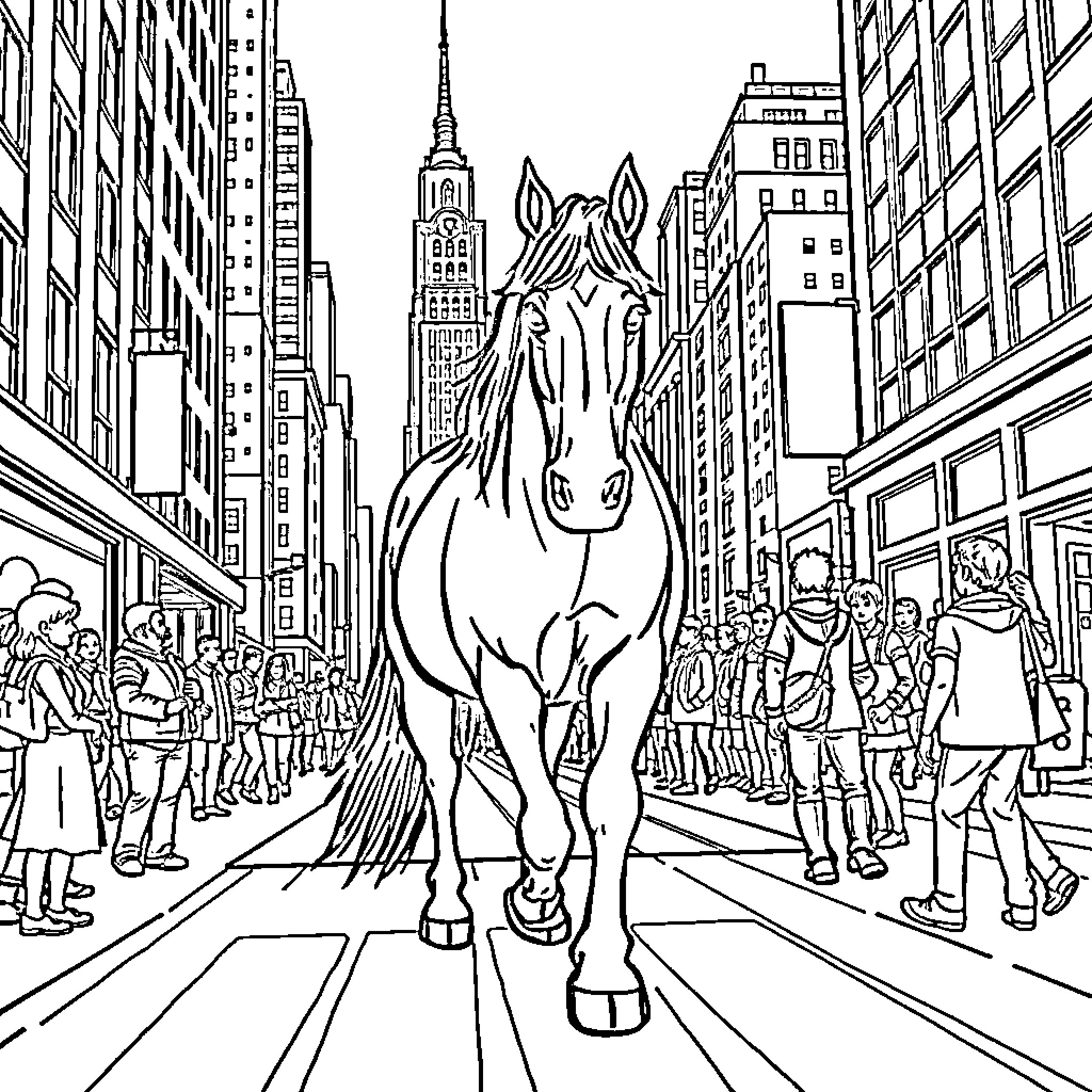 Horse walking through a bustling city street Coloring Page (free black-and-white line drawing printable PDF for all, from beginners to advanced learners, including children, teens, adults, and seniors)