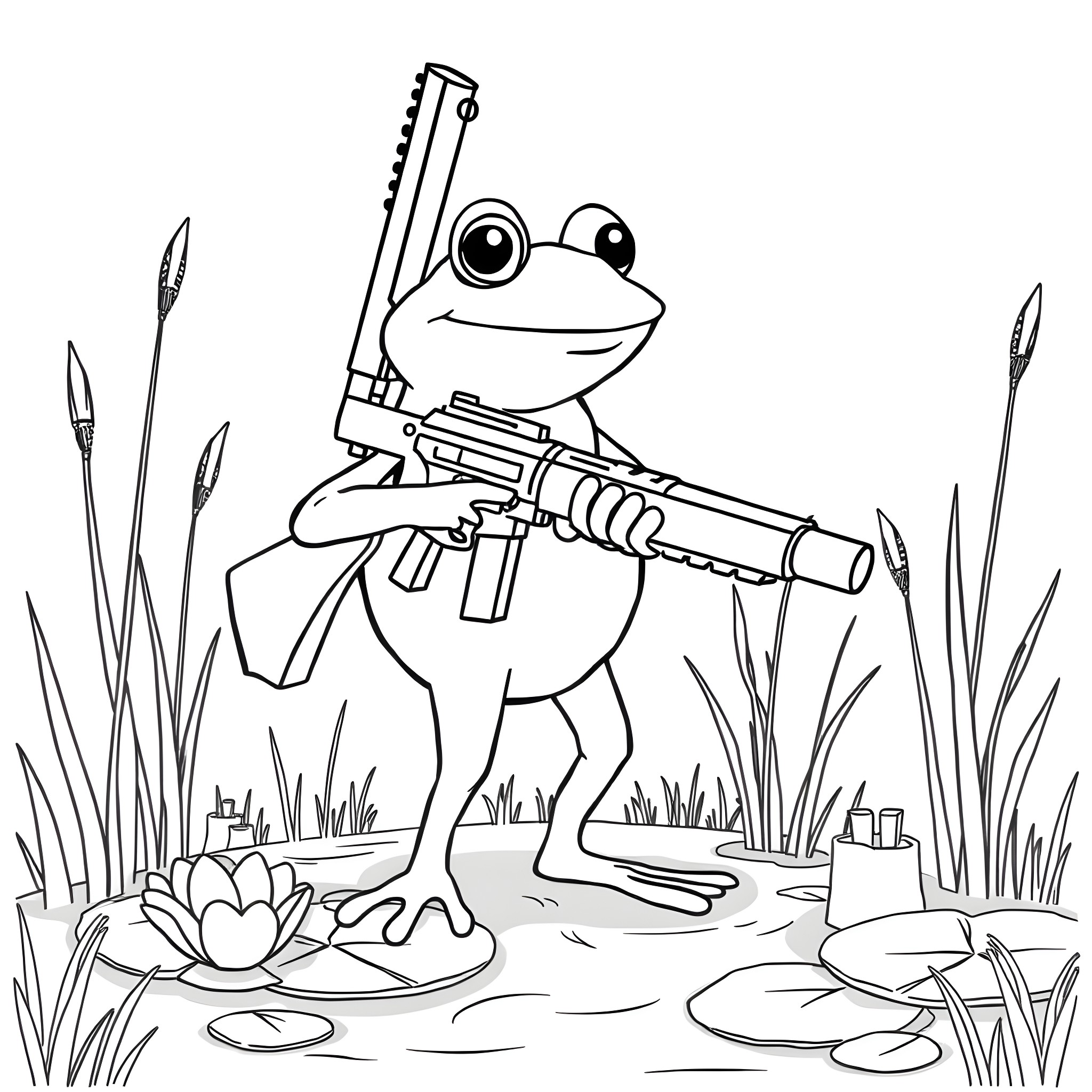 Frog Warrior with Rifle in Swampy Terrain Coloring Page (free black-and-white line drawing printable PDF for all, from beginners to advanced learners, including children, teens, adults, and seniors)