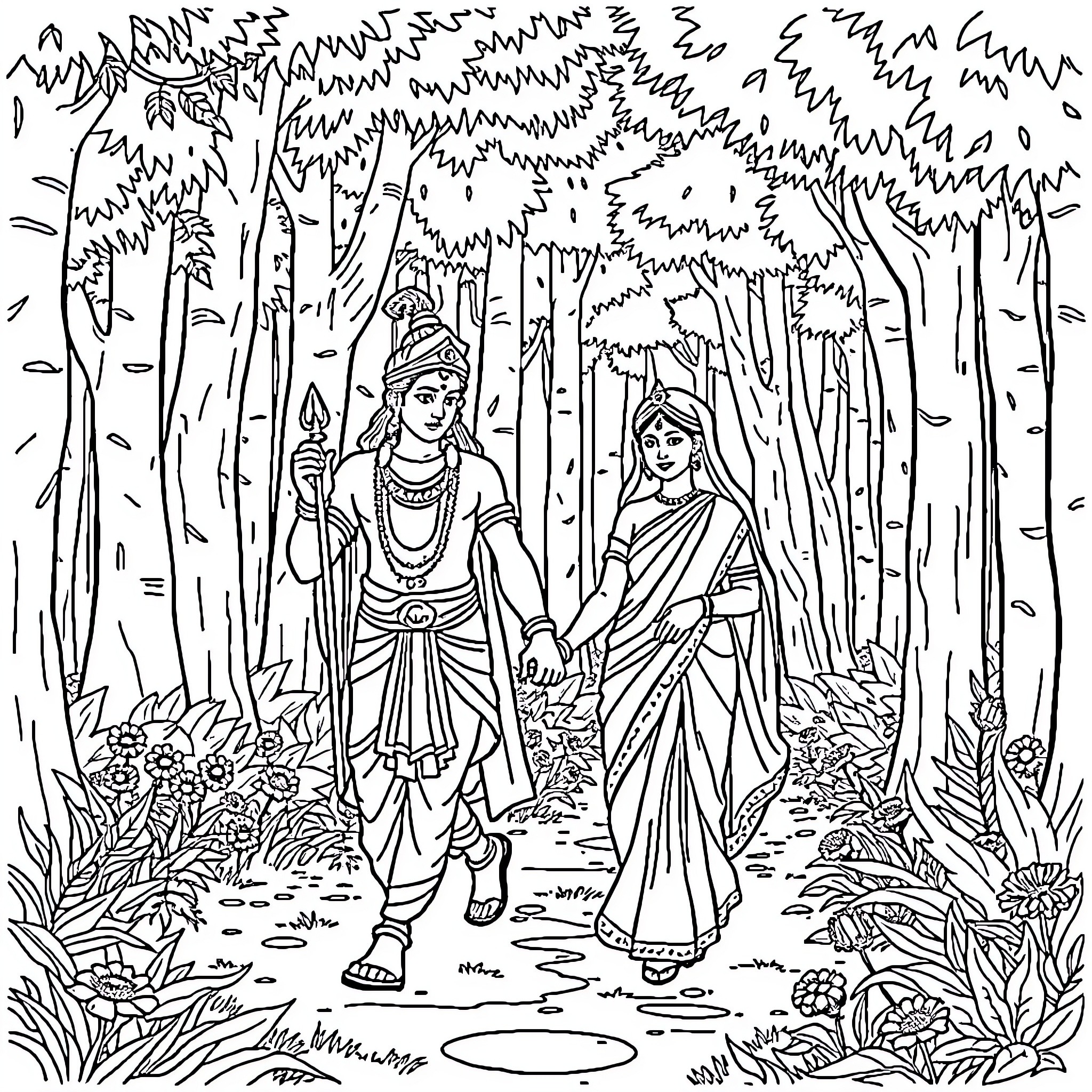 Ram and Sita walking together in the forest Coloring Page (free black-and-white line drawing printable PDF for all, from beginners to advanced learners, including children, teens, adults, and seniors)