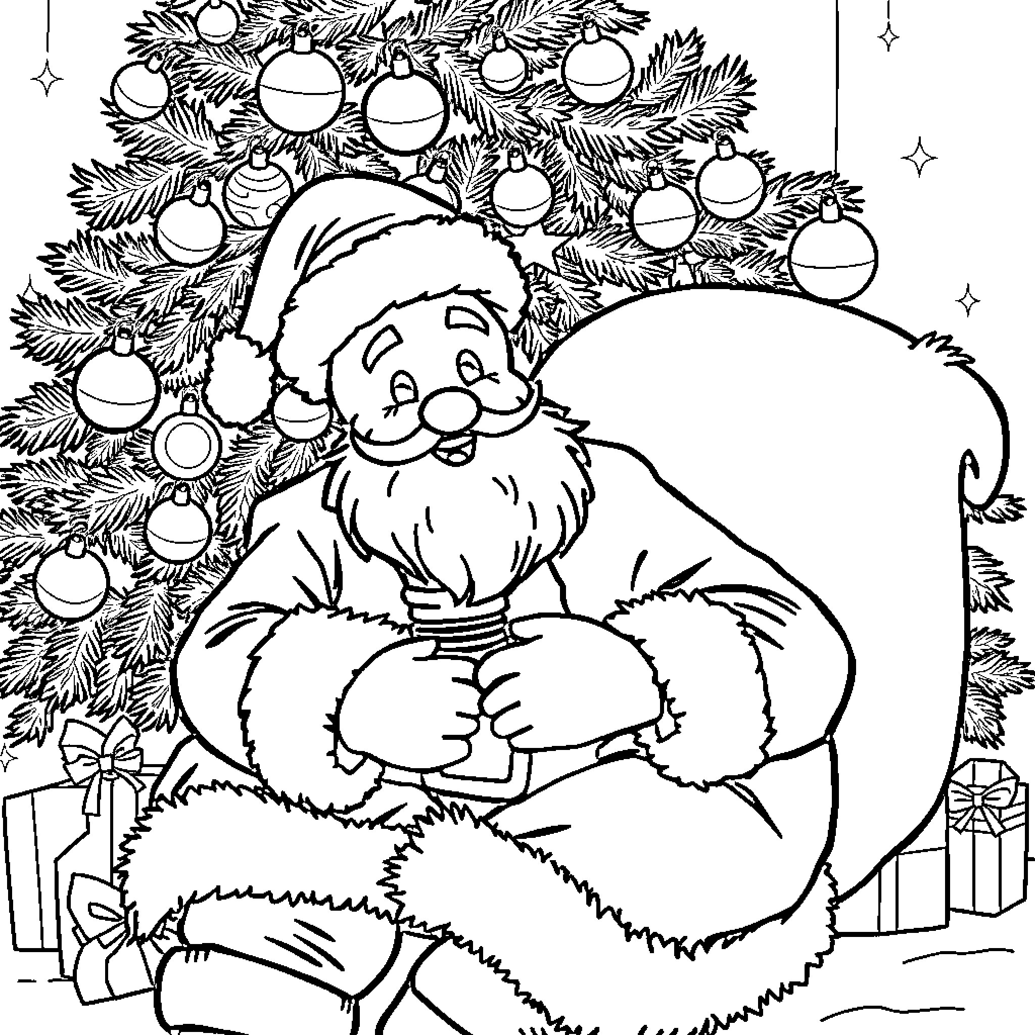 Lightbulb Santa Claus Surrounded by Christmas Decorations Coloring Page (free black-and-white line drawing printable PDF for all, from beginners to advanced learners, including children, teens, adults, and seniors)