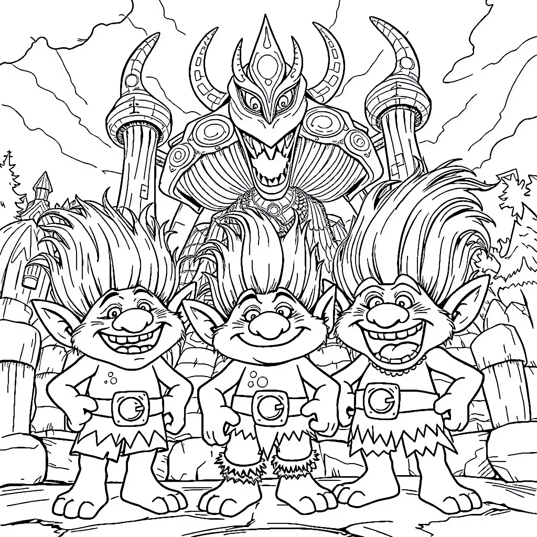 Troll Creatures Celebrating with Fantastical Backdrop Coloring Page (free black-and-white line drawing printable PDF for all, from beginners to advanced learners, including children, teens, adults, and seniors)