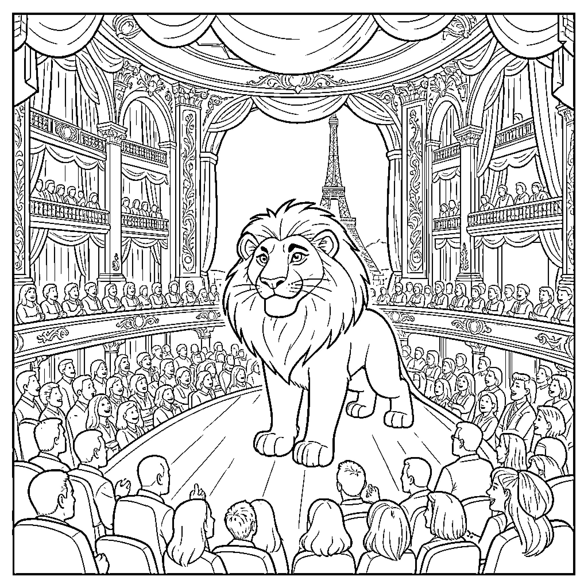 Lion performing on a grand theater stage Coloring Page (free black-and-white line drawing printable PDF for all, from beginners to advanced learners, including children, teens, adults, and seniors)