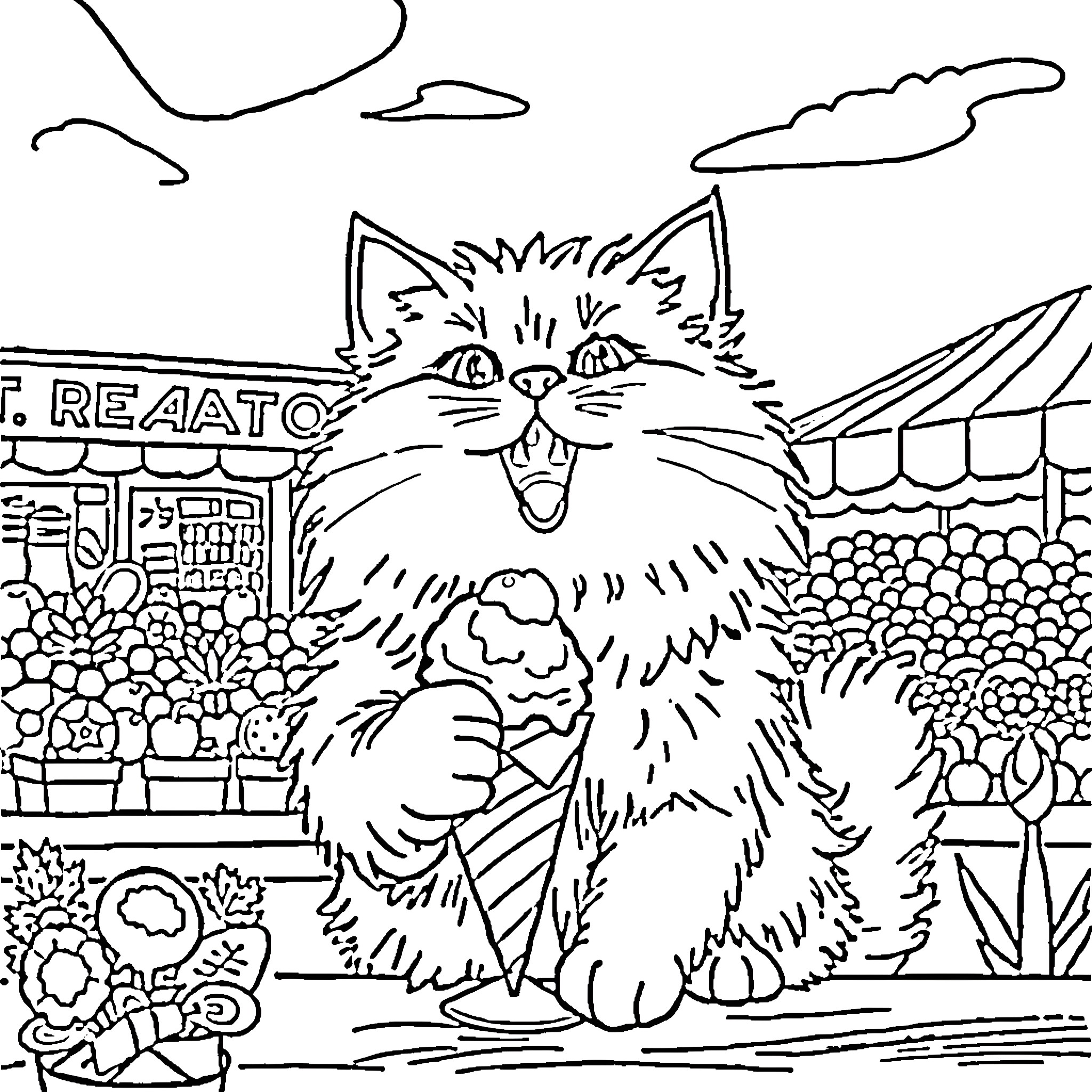 Cat exploring busy outdoor market scene Coloring Page (free black-and-white line drawing printable PDF for all, from beginners to advanced learners, including children, teens, adults, and seniors)