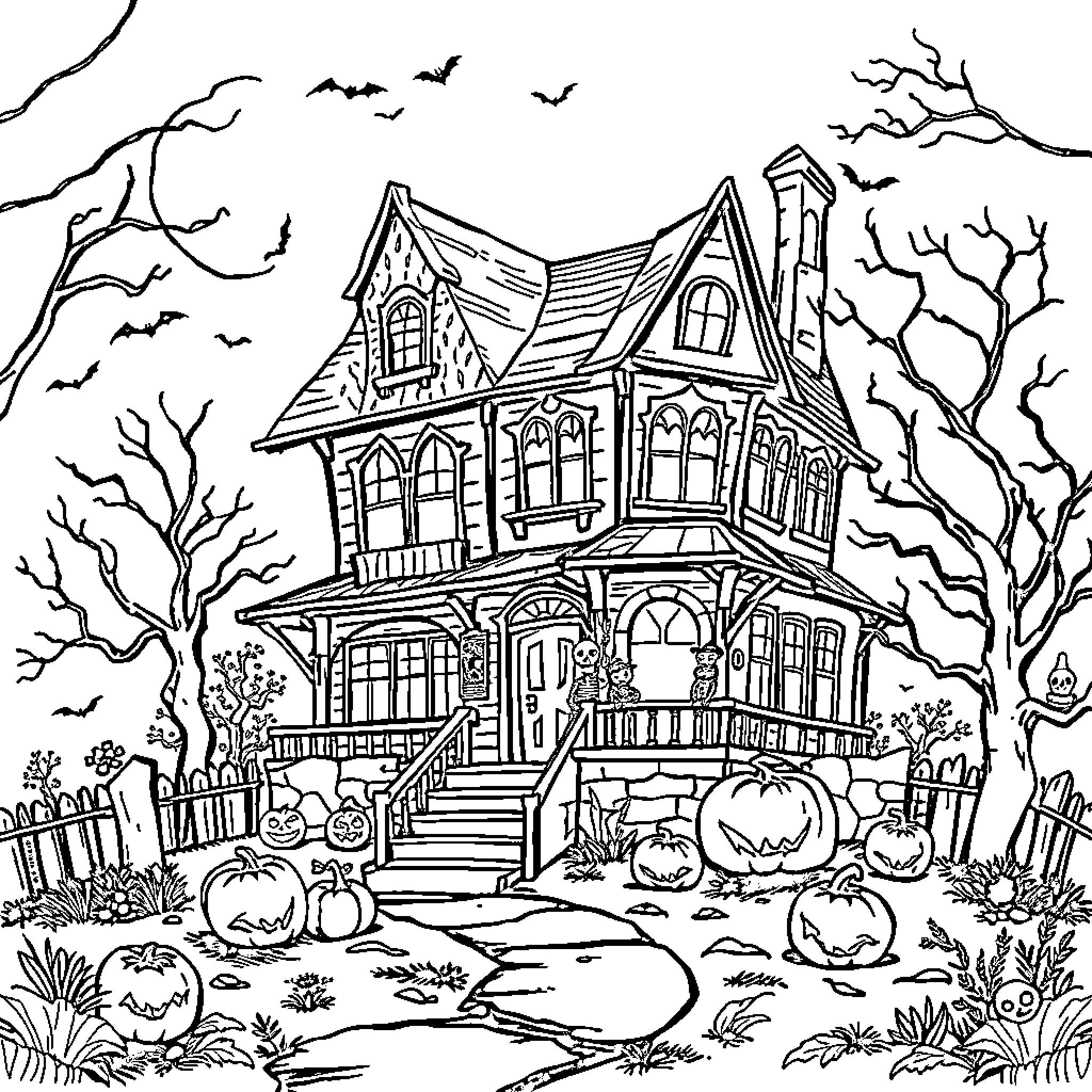 Haunted House with Spooky Atmosphere and Halloween Decor Coloring Page (free black-and-white line drawing printable PDF for all, from beginners to advanced learners, including children, teens, adults, and seniors)