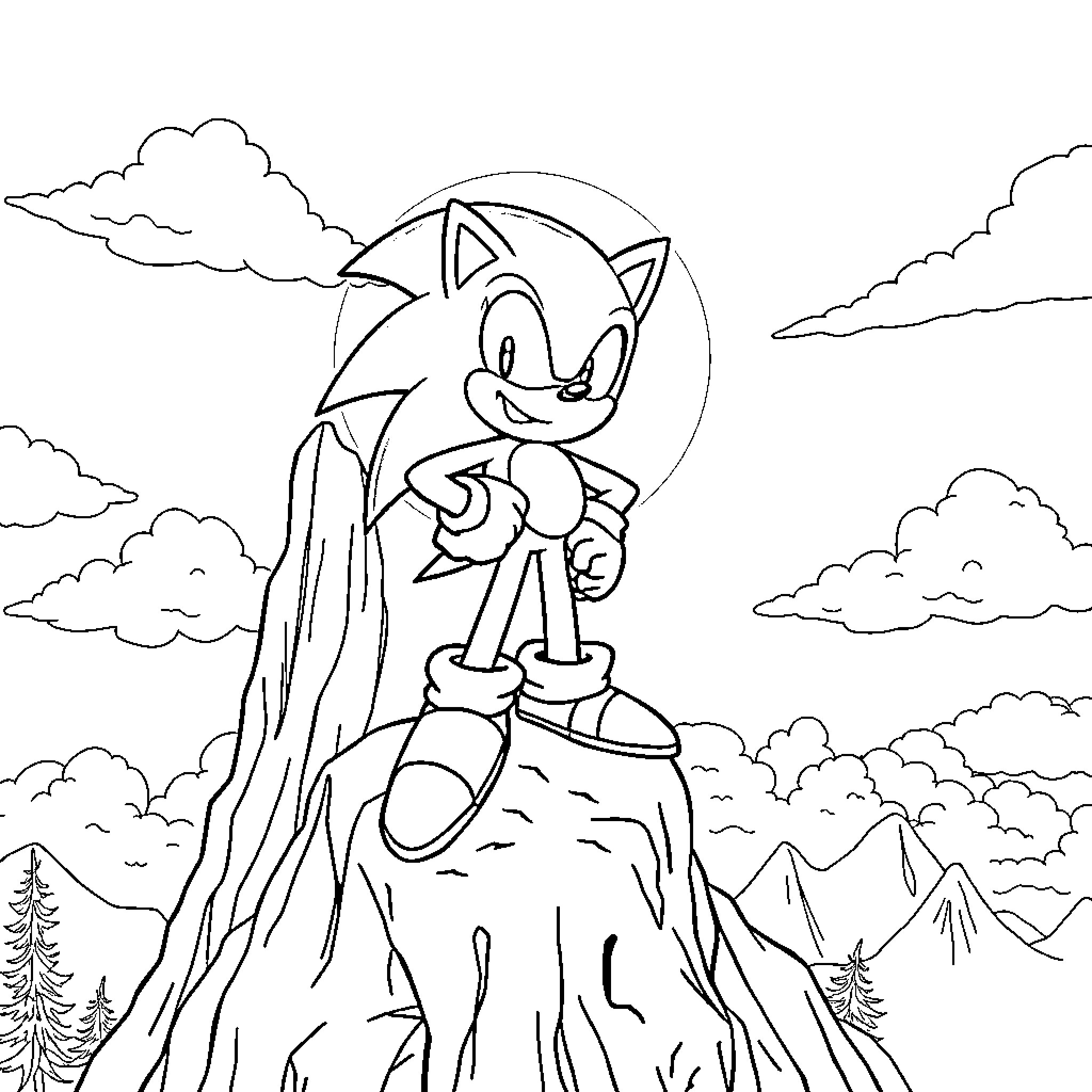 Sonic the Hedgehog standing atop a mountain Coloring Page (free black-and-white line drawing printable PDF for all, from beginners to advanced learners, including children, teens, adults, and seniors)