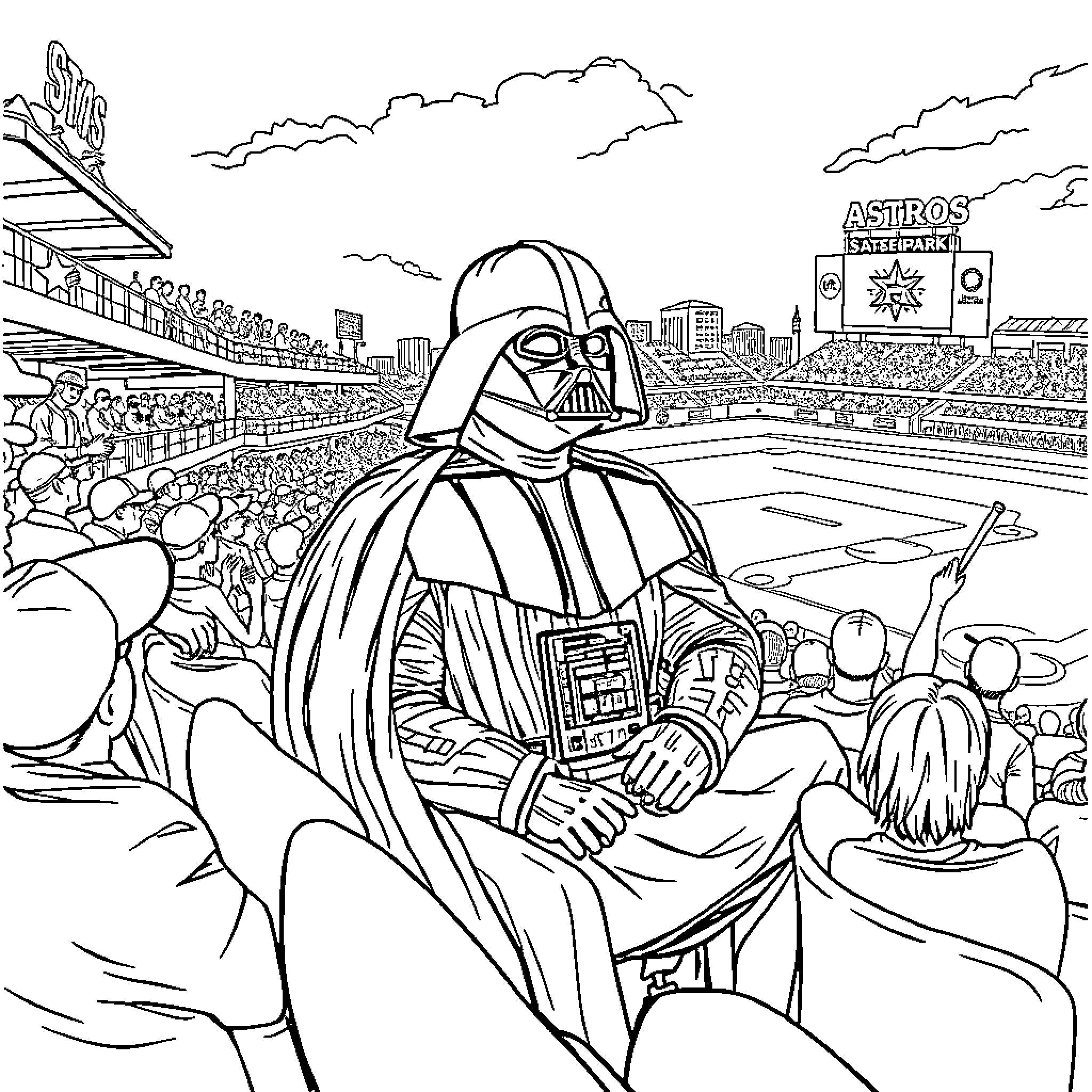 Darth Vader at the Baseball Stadium Coloring Page (free black-and-white line drawing printable PDF for all, from beginners to advanced learners, including children, teens, adults, and seniors)