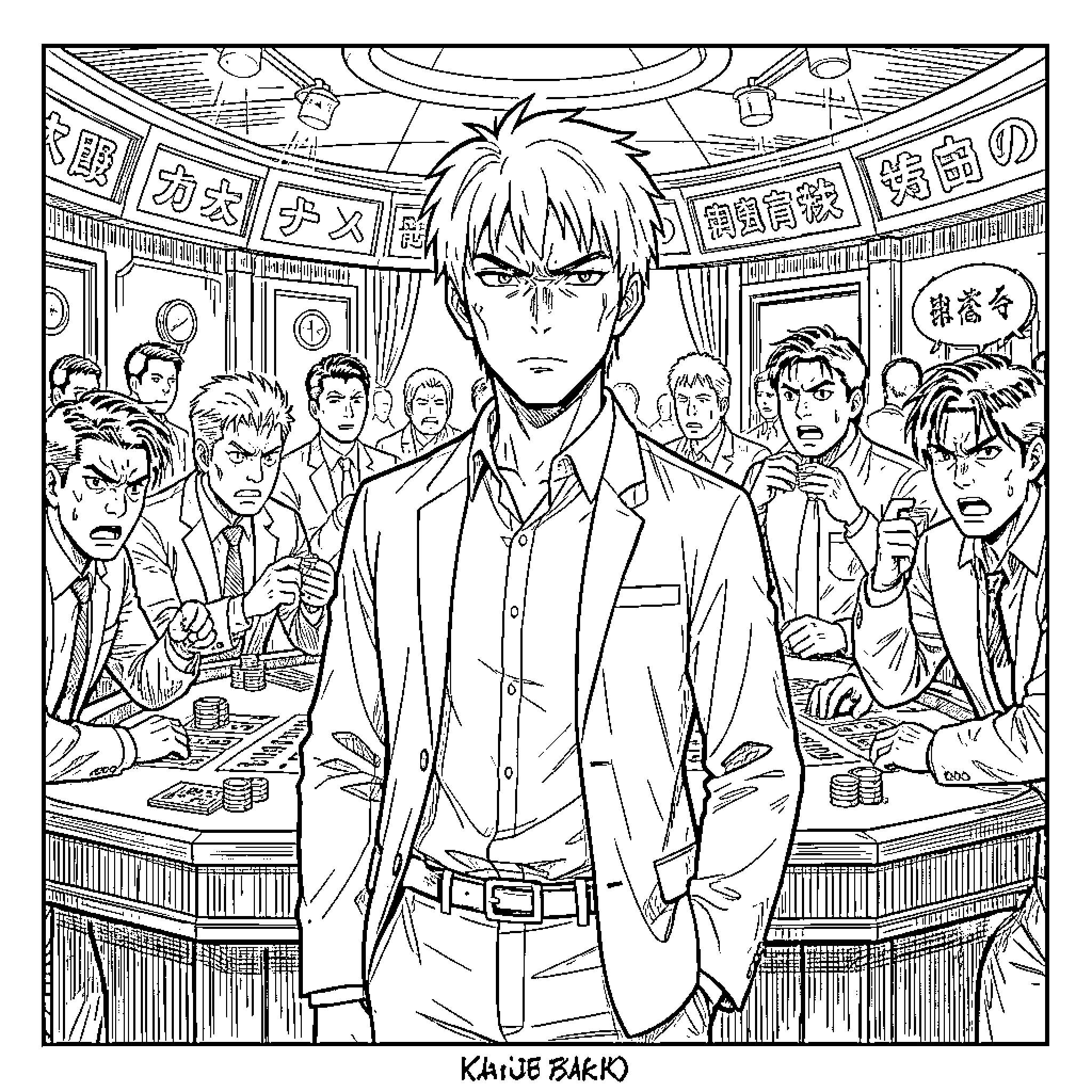 Kaiji looking determined while standing in a casino Coloring Page (free black-and-white line drawing printable PDF for all, from beginners to advanced learners, including children, teens, adults, and seniors)