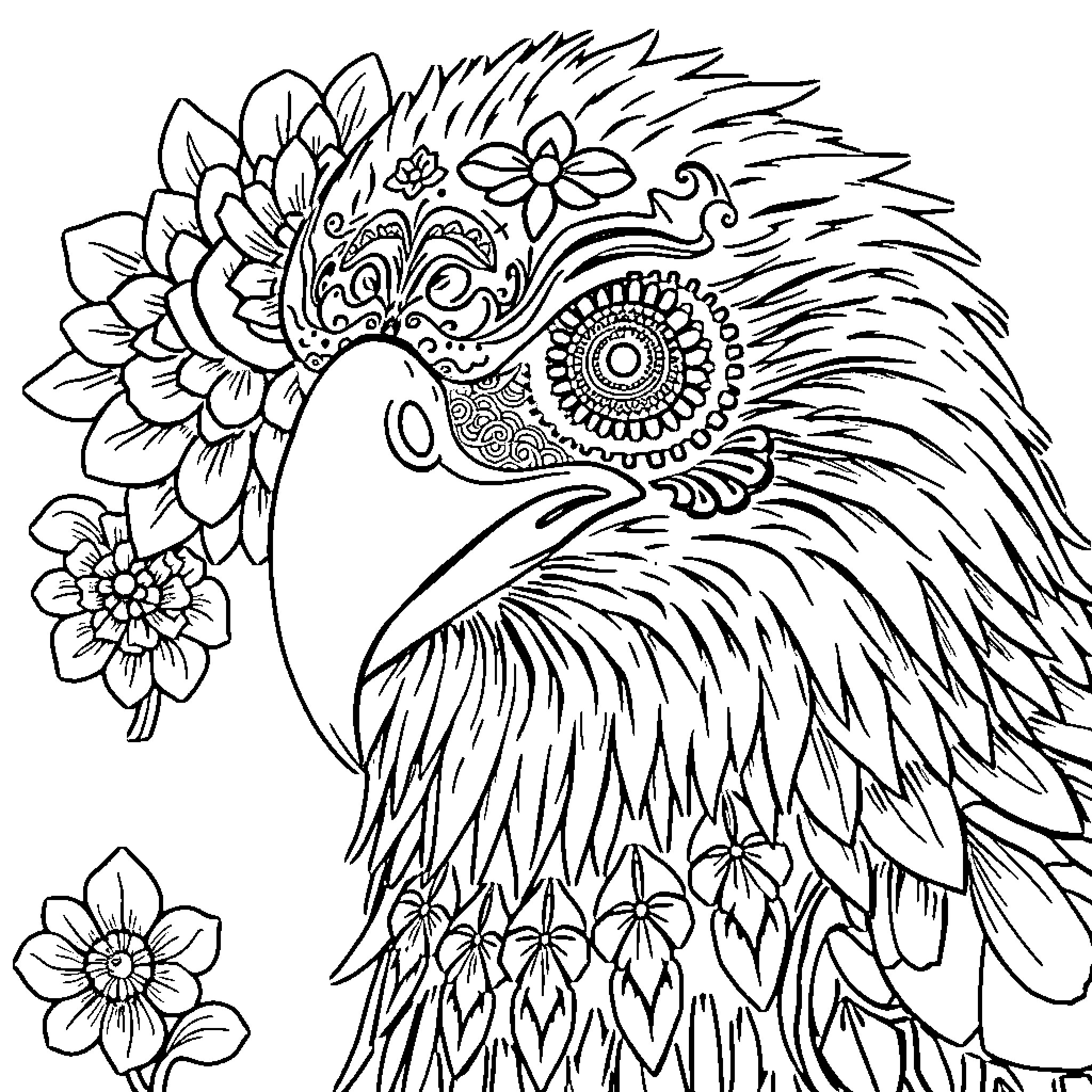 Eagle with intricate patterns and flowers Coloring Page (free black-and-white line drawing printable PDF for all, from beginners to advanced learners, including children, teens, adults, and seniors)