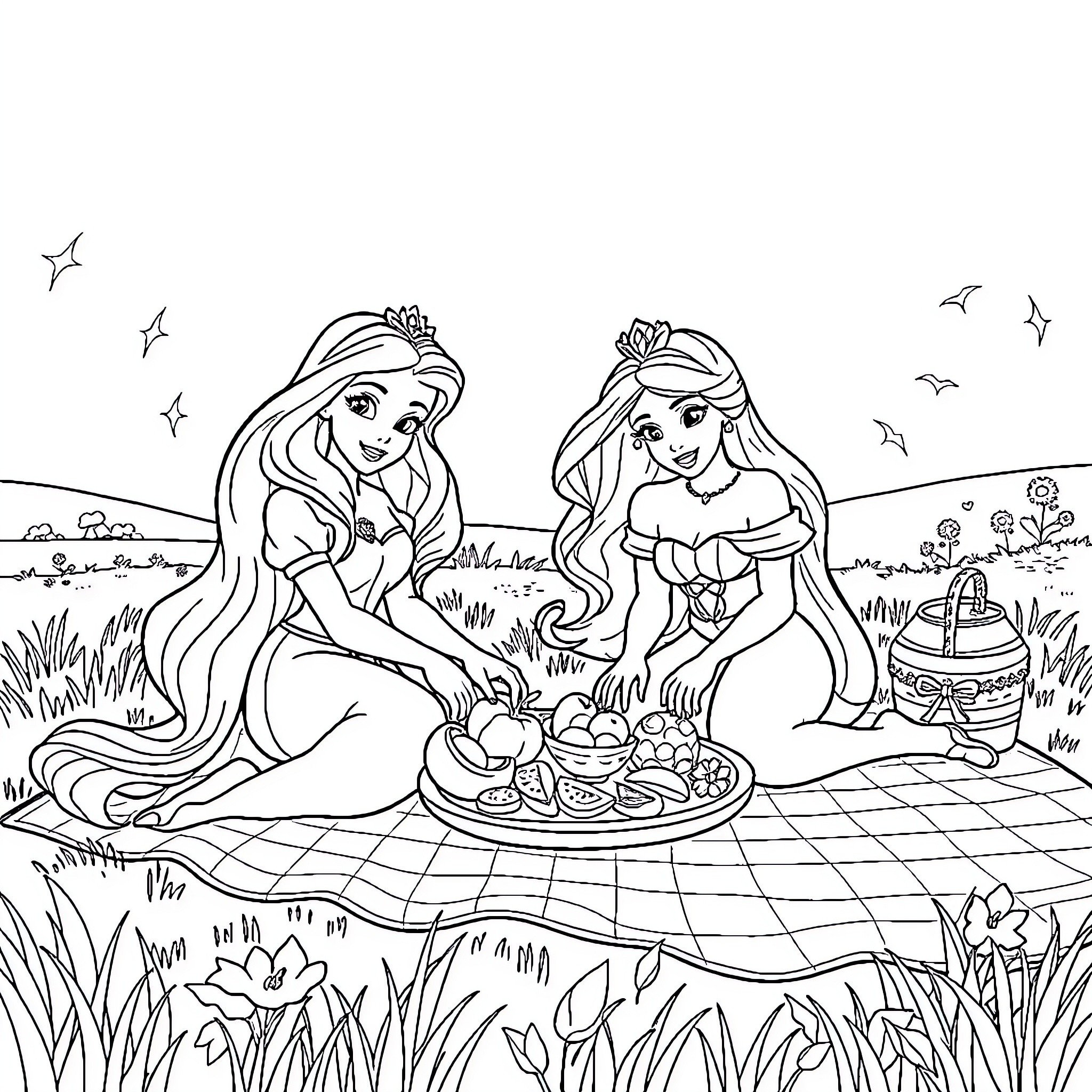 Princesses enjoying a picnic in the meadow Coloring Page (free black-and-white line drawing printable PDF for all, from beginners to advanced learners, including children, teens, adults, and seniors)