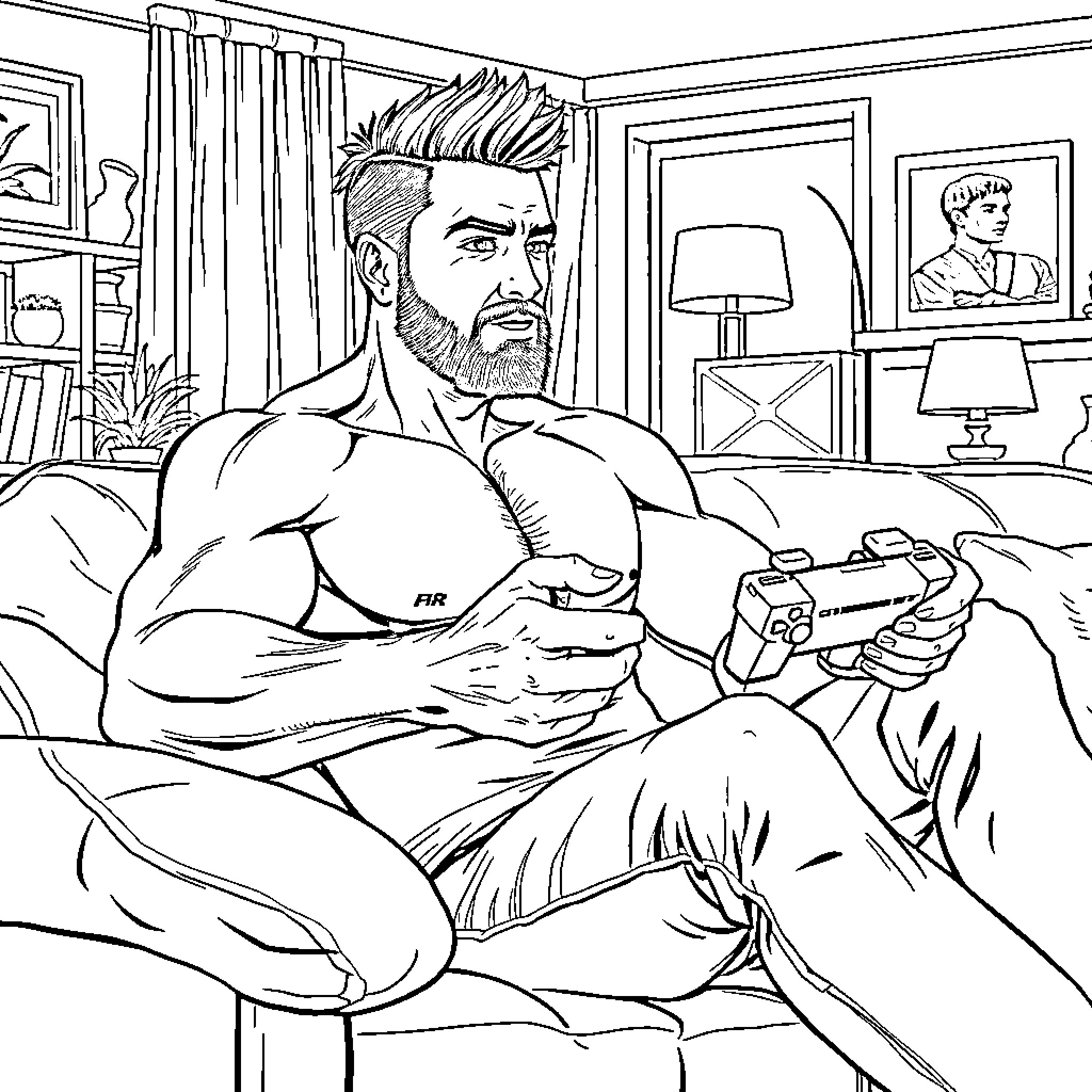 Man playing video game on couch at home Coloring Page (free black-and-white line drawing printable PDF for all, from beginners to advanced learners, including children, teens, adults, and seniors)