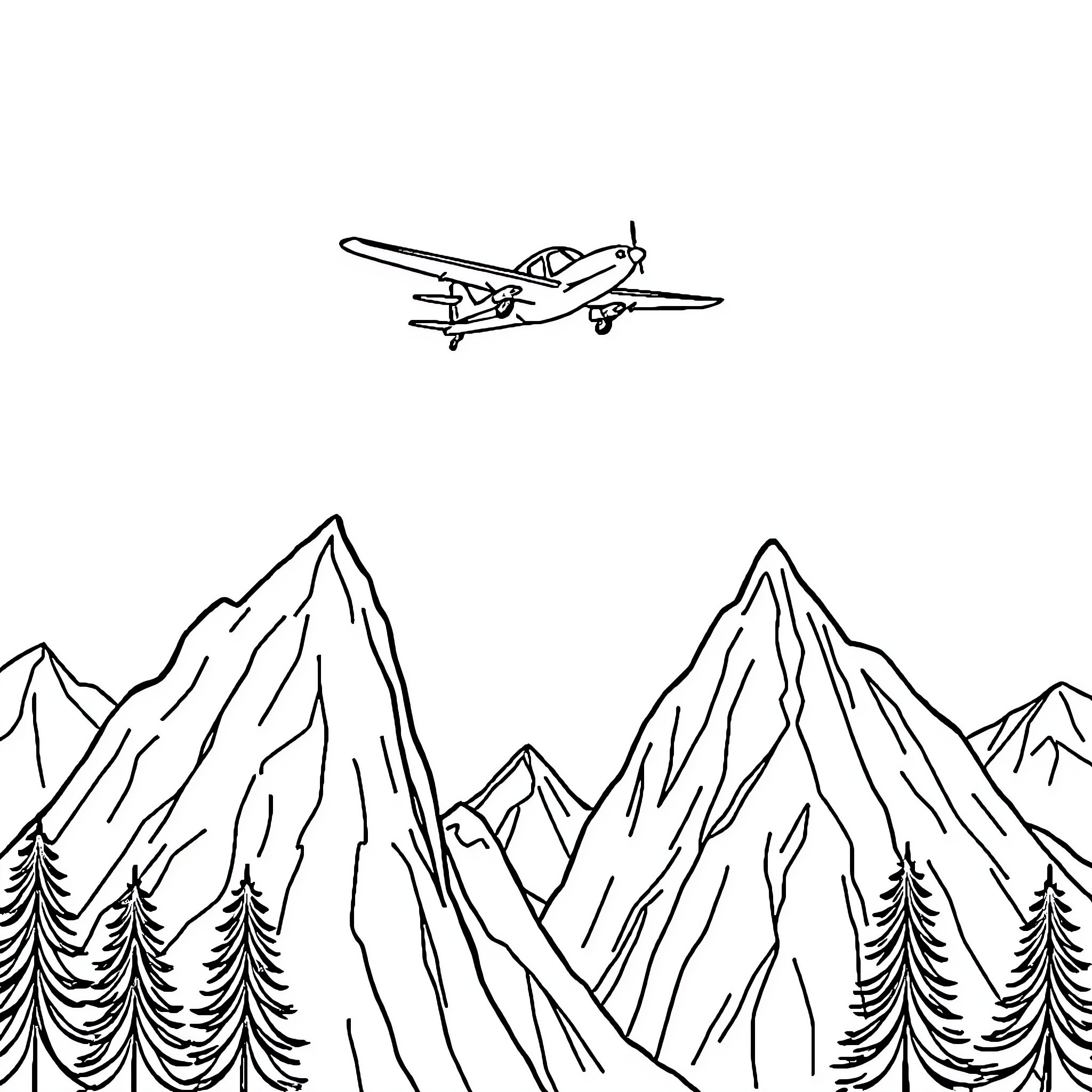 Airplane soaring over majestic mountain landscape Coloring Page (free black-and-white line drawing printable PDF for all, from beginners to advanced learners, including children, teens, adults, and seniors)