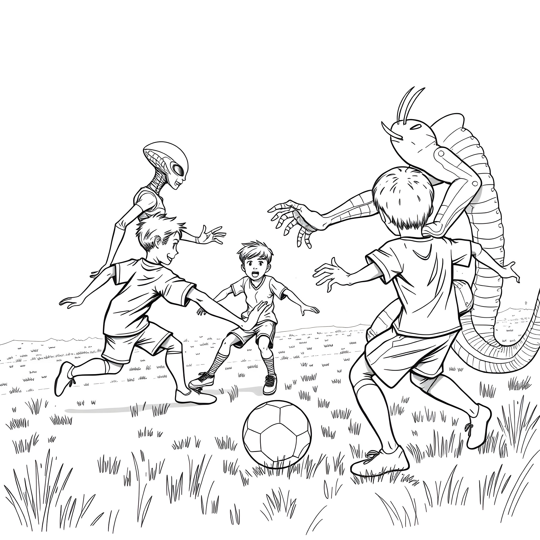 Alien children playing soccer with giant bug Coloring Page (free black-and-white line drawing printable PDF for all, from beginners to advanced learners, including children, teens, adults, and seniors)