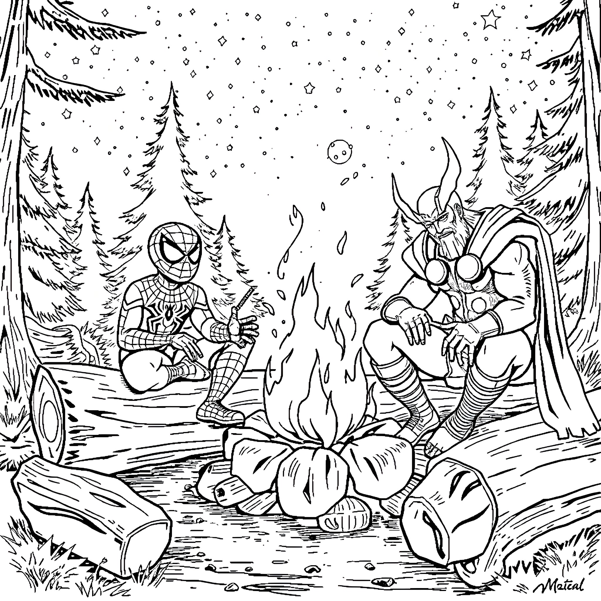 Juice Wrld enjoying campfire with friends in snowy forest Coloring Page (free black-and-white line drawing printable PDF for all, from beginners to advanced learners, including children, teens, adults, and seniors)