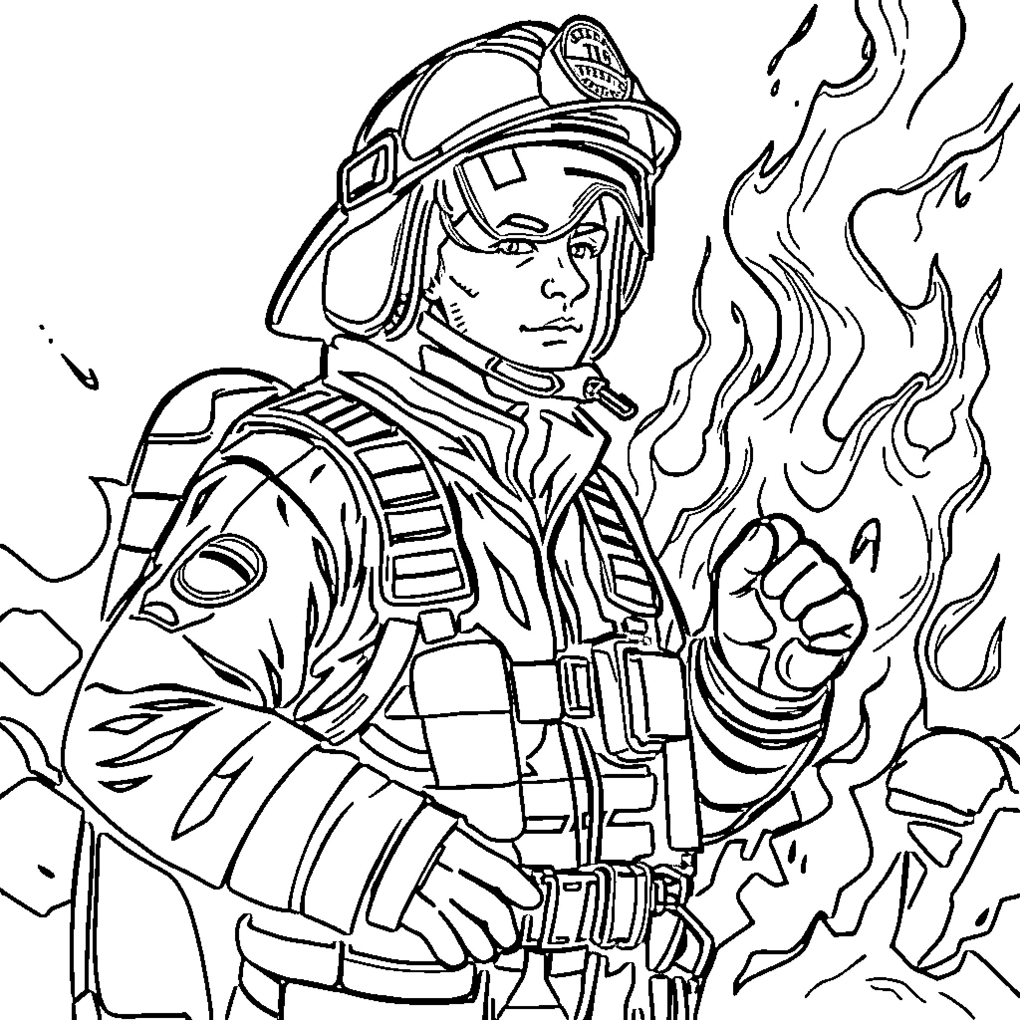 Firefighter in Uniform Battling Flames Coloring Page (free black-and-white line drawing printable PDF for all, from beginners to advanced learners, including children, teens, adults, and seniors)