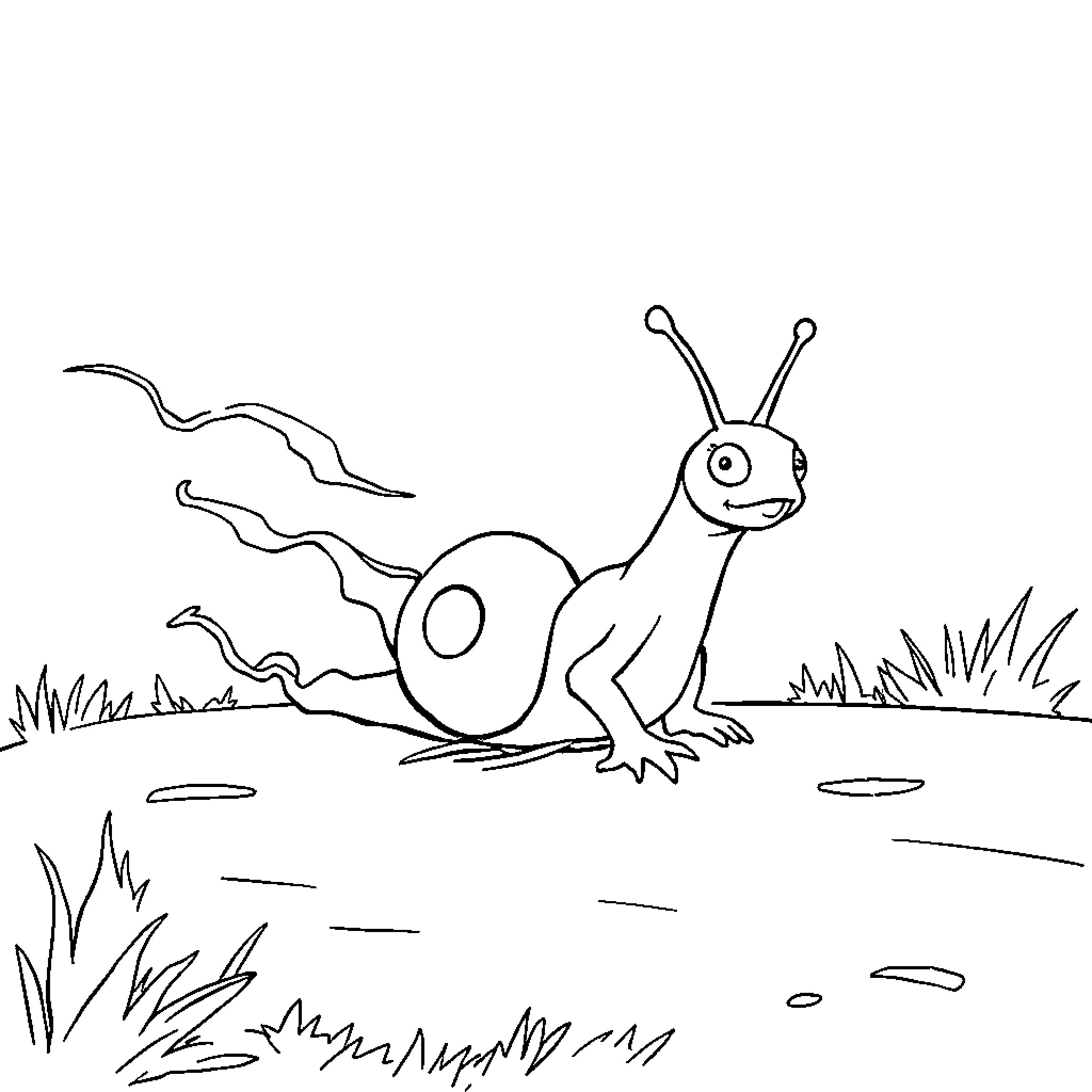 Escargot crawling in the grass Coloring Page (free black-and-white line drawing printable PDF for all, from beginners to advanced learners, including children, teens, adults, and seniors)