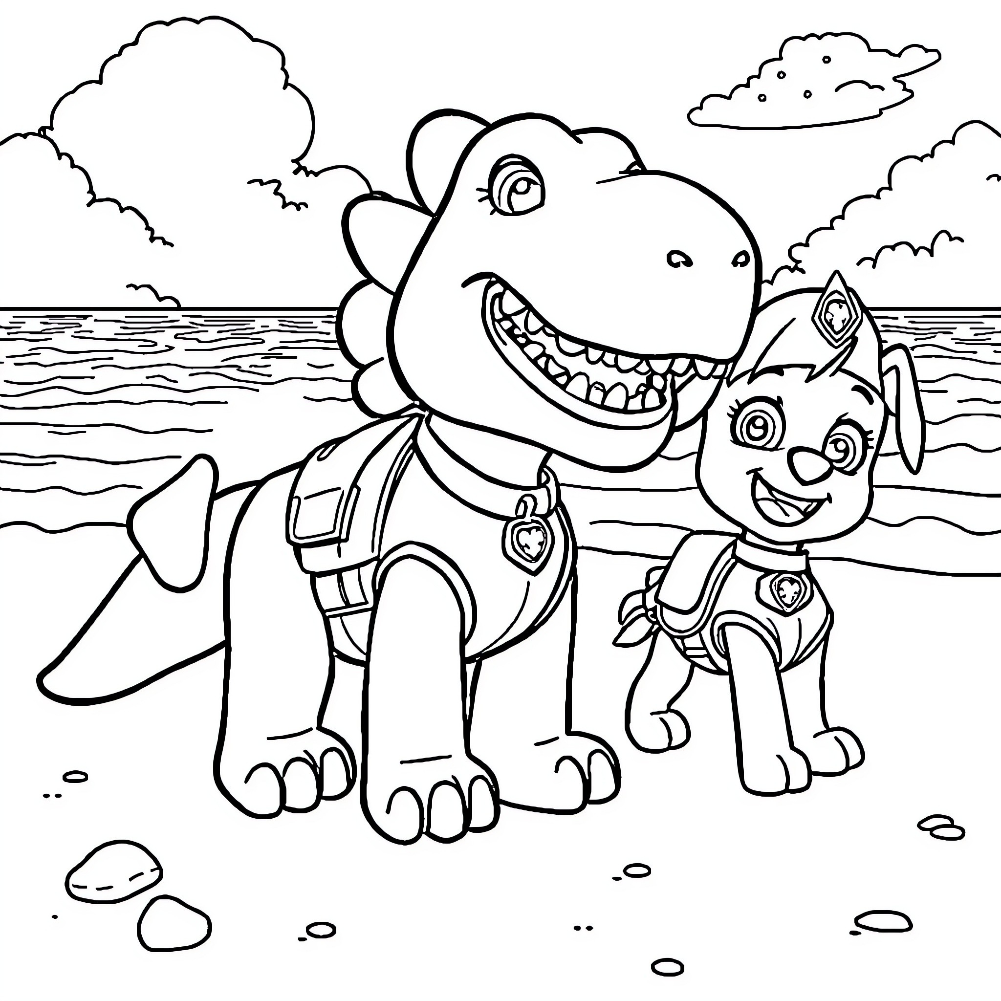 Paw Patrol characters playing on the beach Coloring Page (free black-and-white line drawing printable PDF for all, from beginners to advanced learners, including children, teens, adults, and seniors)