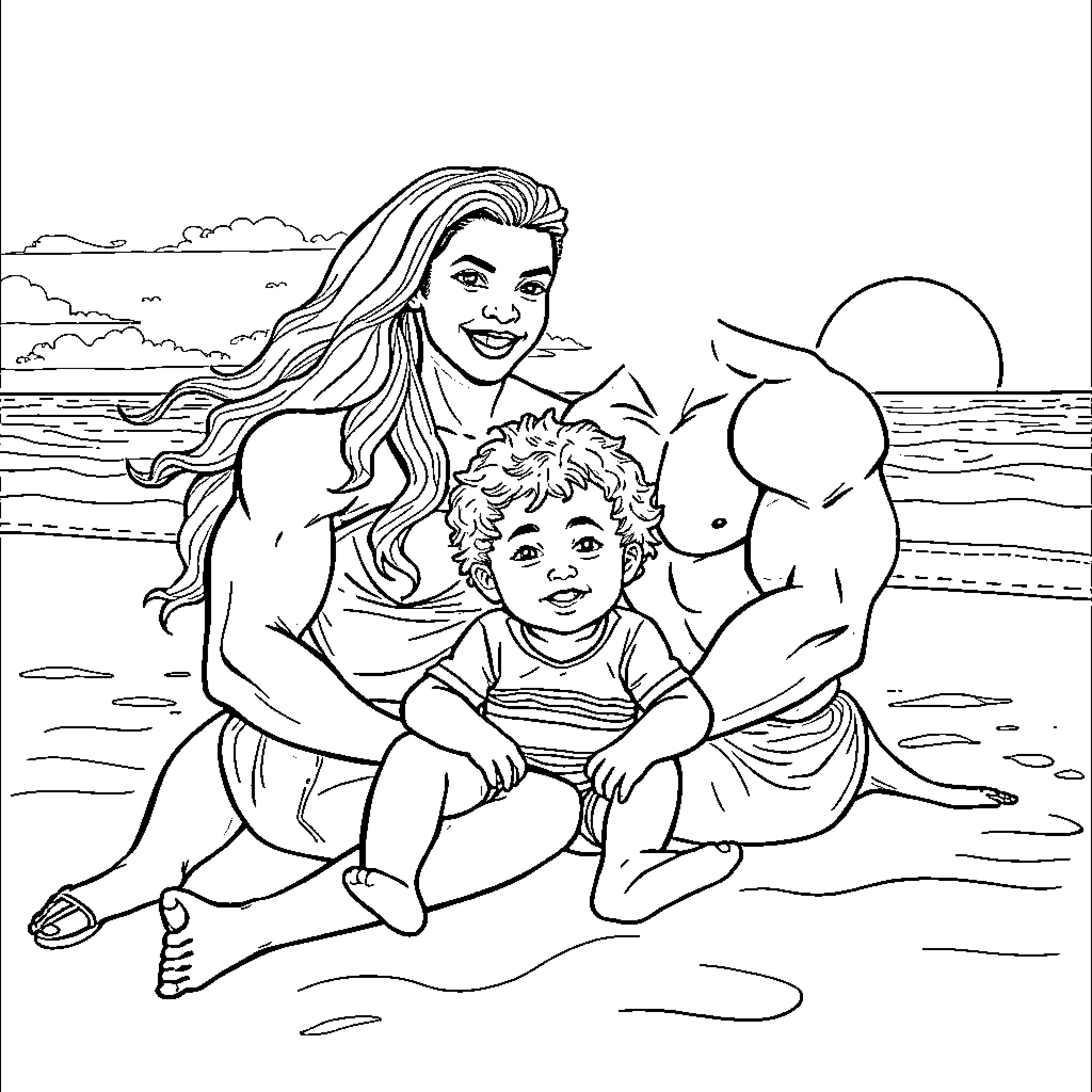 Family enjoying a day at the beach Coloring Page (free black-and-white line drawing printable PDF for all, from beginners to advanced learners, including children, teens, adults, and seniors)