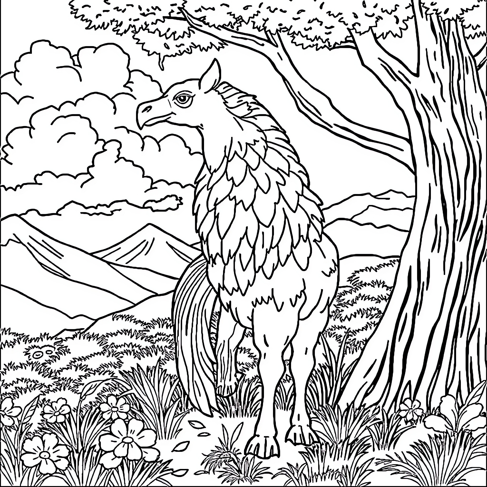 Hornbill standing in a lush, natural landscape Coloring Page (free black-and-white line drawing printable PDF for all, from beginners to advanced learners, including children, teens, adults, and seniors)