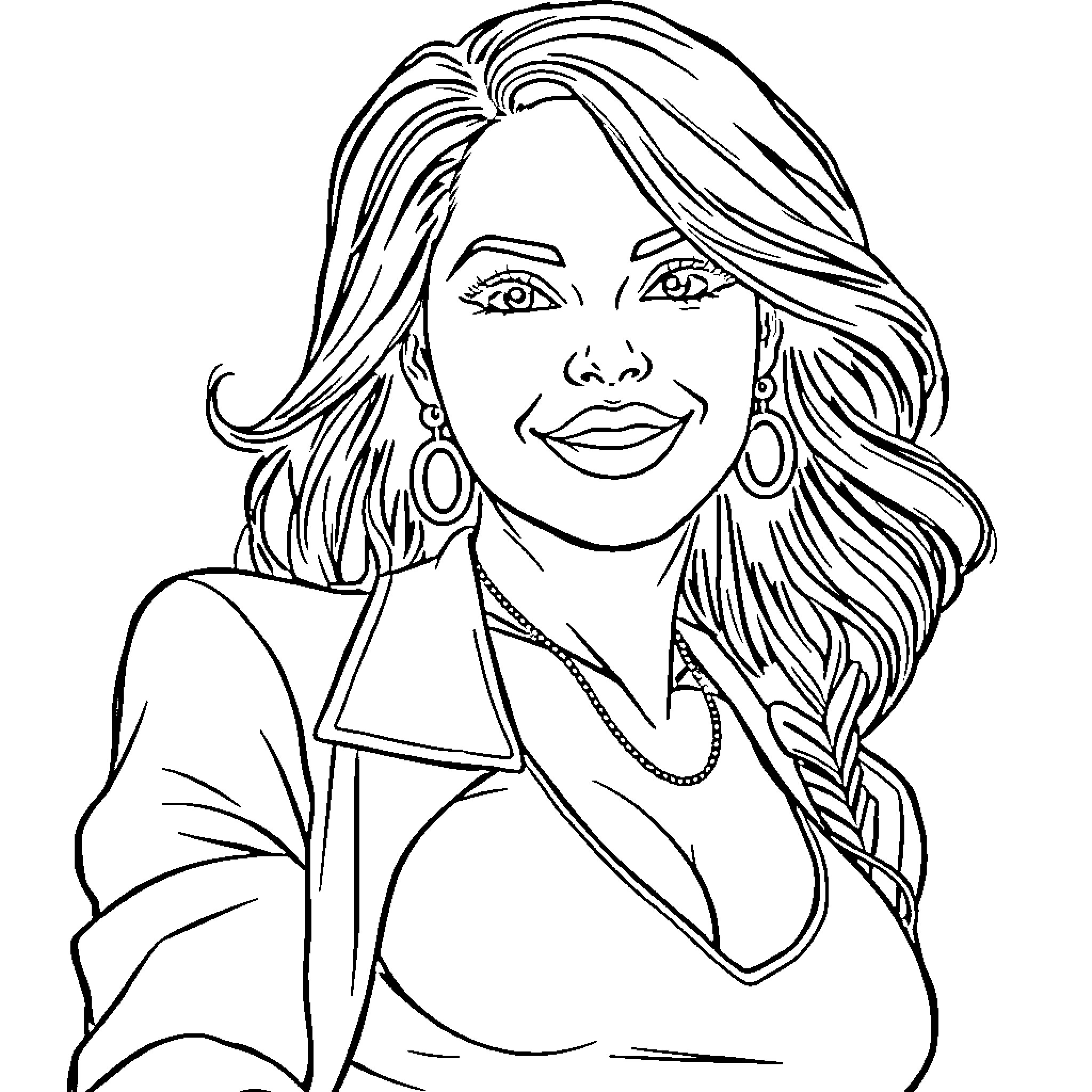 Woman in Formal Attire Smiling Warmly Coloring Page (free black-and-white line drawing printable PDF for all, from beginners to advanced learners, including children, teens, adults, and seniors)