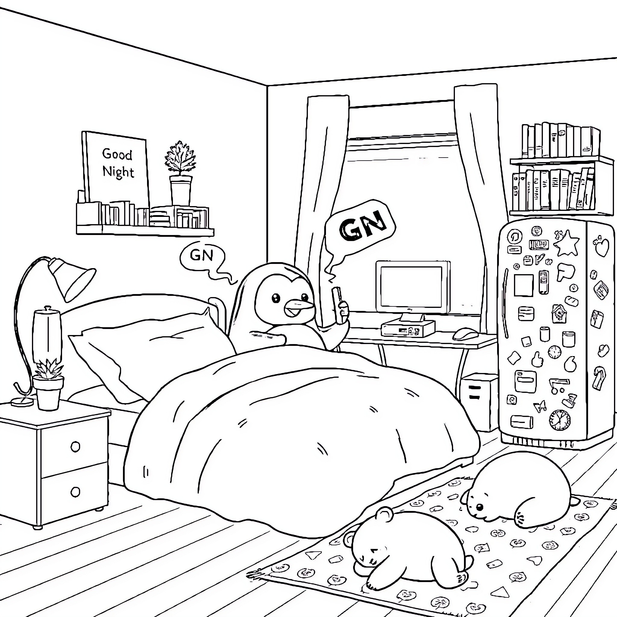 Penguins enjoying a cozy night in their bedroom Coloring Page (free black-and-white line drawing printable PDF for all, from beginners to advanced learners, including children, teens, adults, and seniors)