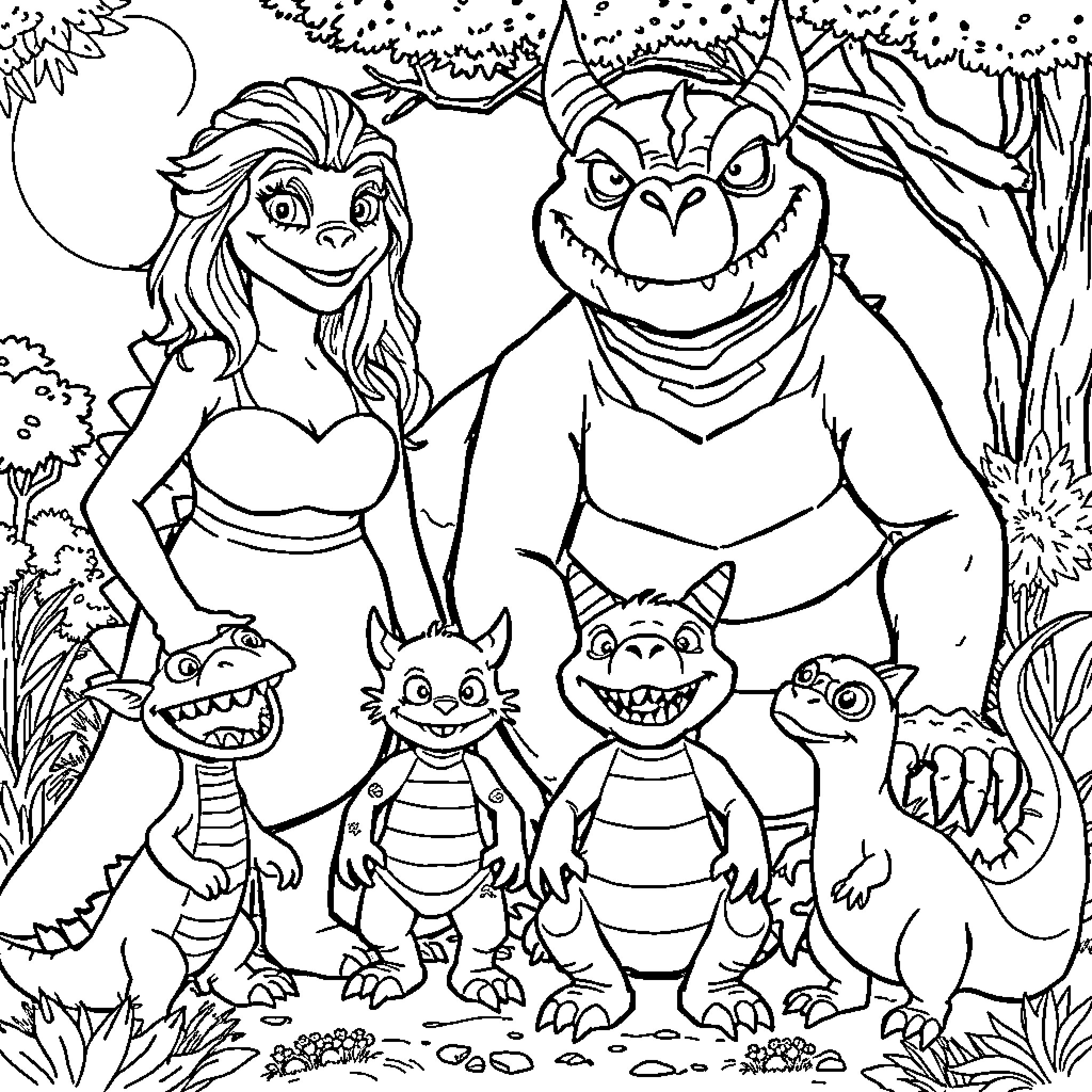 Monster family having a fun adventure in the wilderness Coloring Page (free black-and-white line drawing printable PDF for all, from beginners to advanced learners, including children, teens, adults, and seniors)