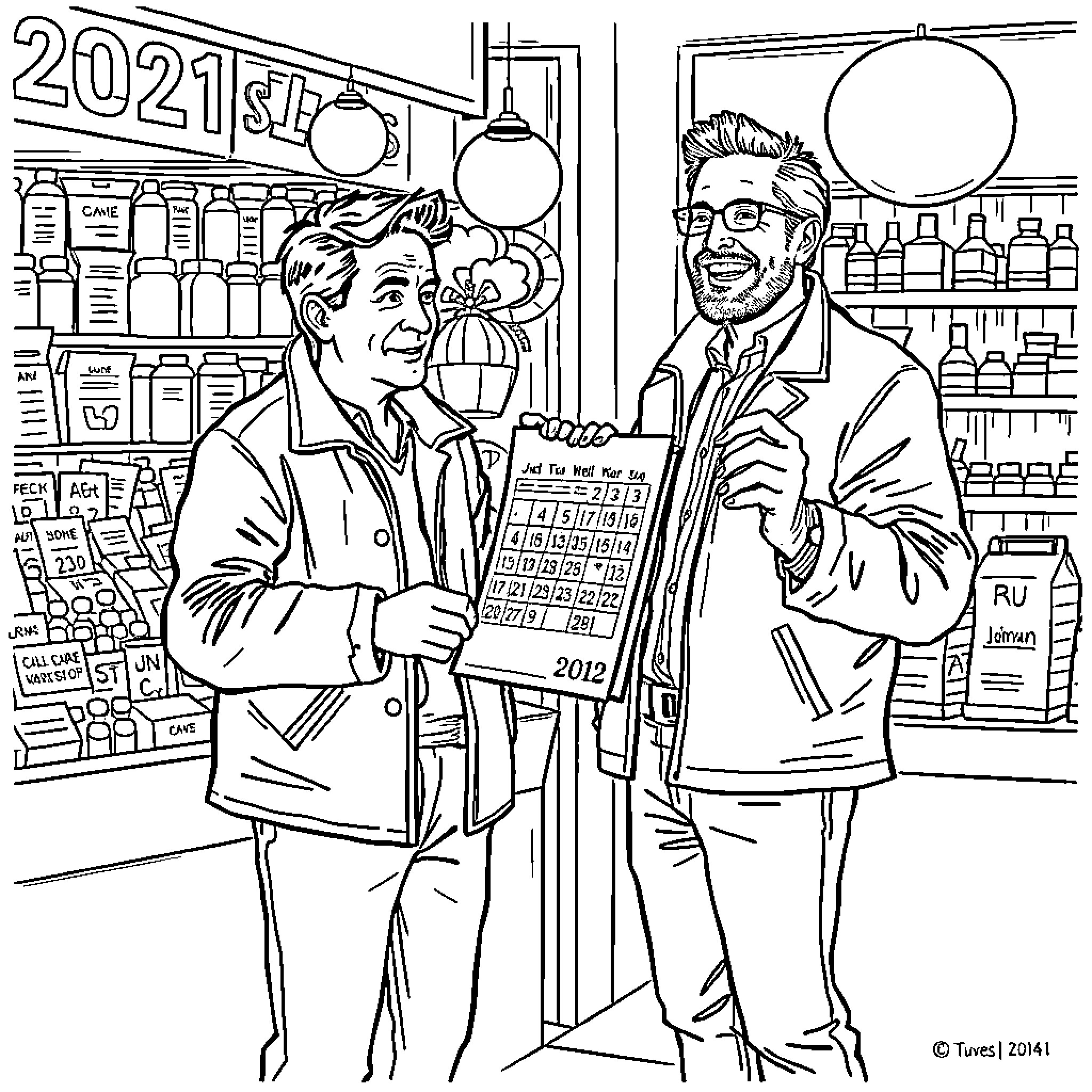John Cusack and friend in 2021 convenience store Coloring Page (free black-and-white line drawing printable PDF for all, from beginners to advanced learners, including children, teens, adults, and seniors)