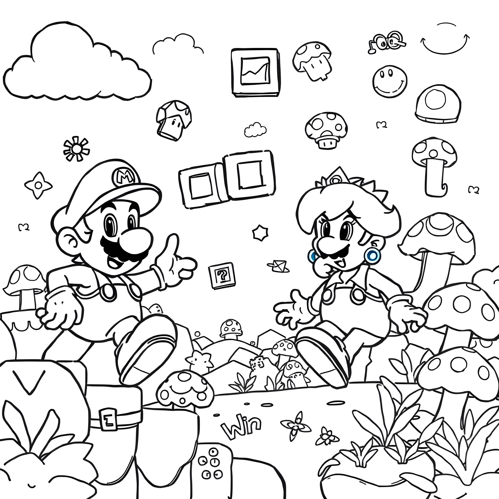 Mario and Luigi's Mushroom Kingdom Adventure Coloring Page (free black-and-white line drawing printable PDF for all, from beginners to advanced learners, including children, teens, adults, and seniors)