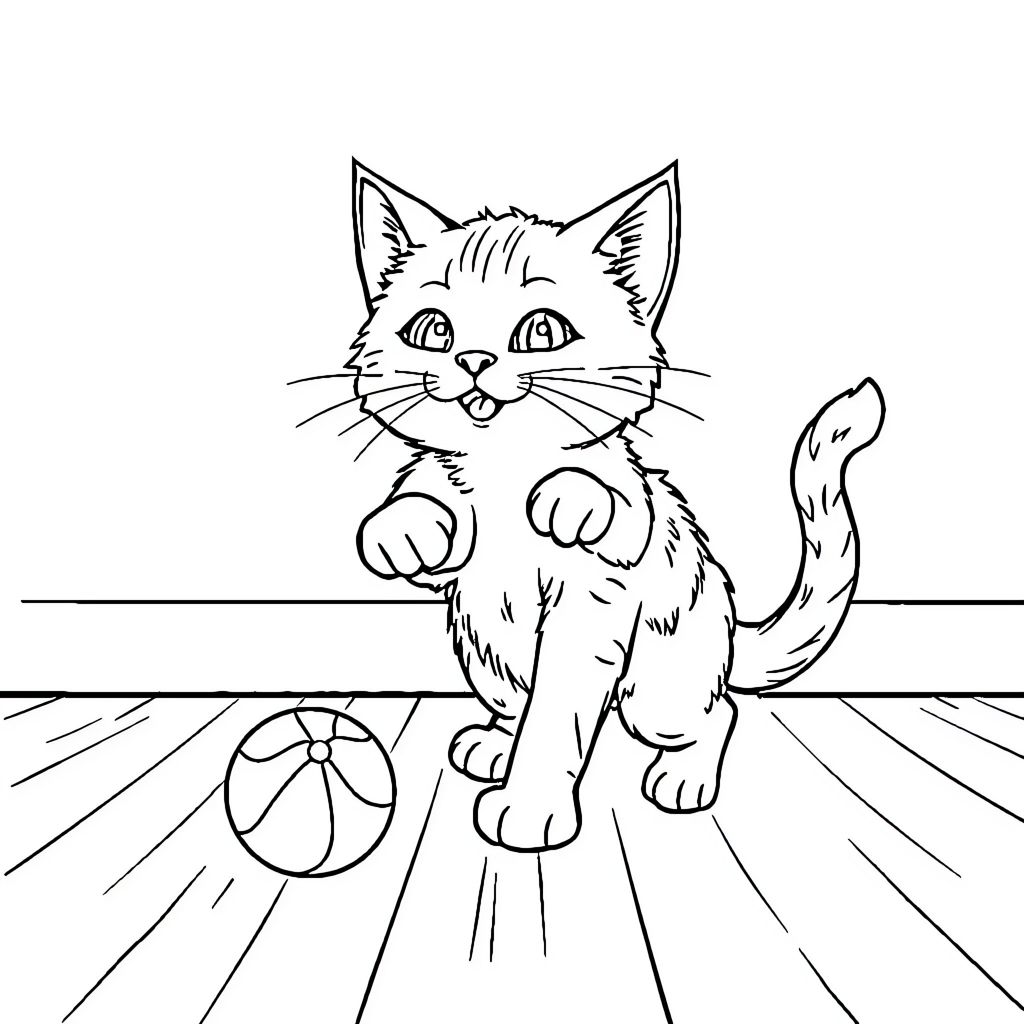 Cat playing with a toy on the floor Coloring Page (free black-and-white line drawing printable PDF for all, from beginners to advanced learners, including children, teens, adults, and seniors)