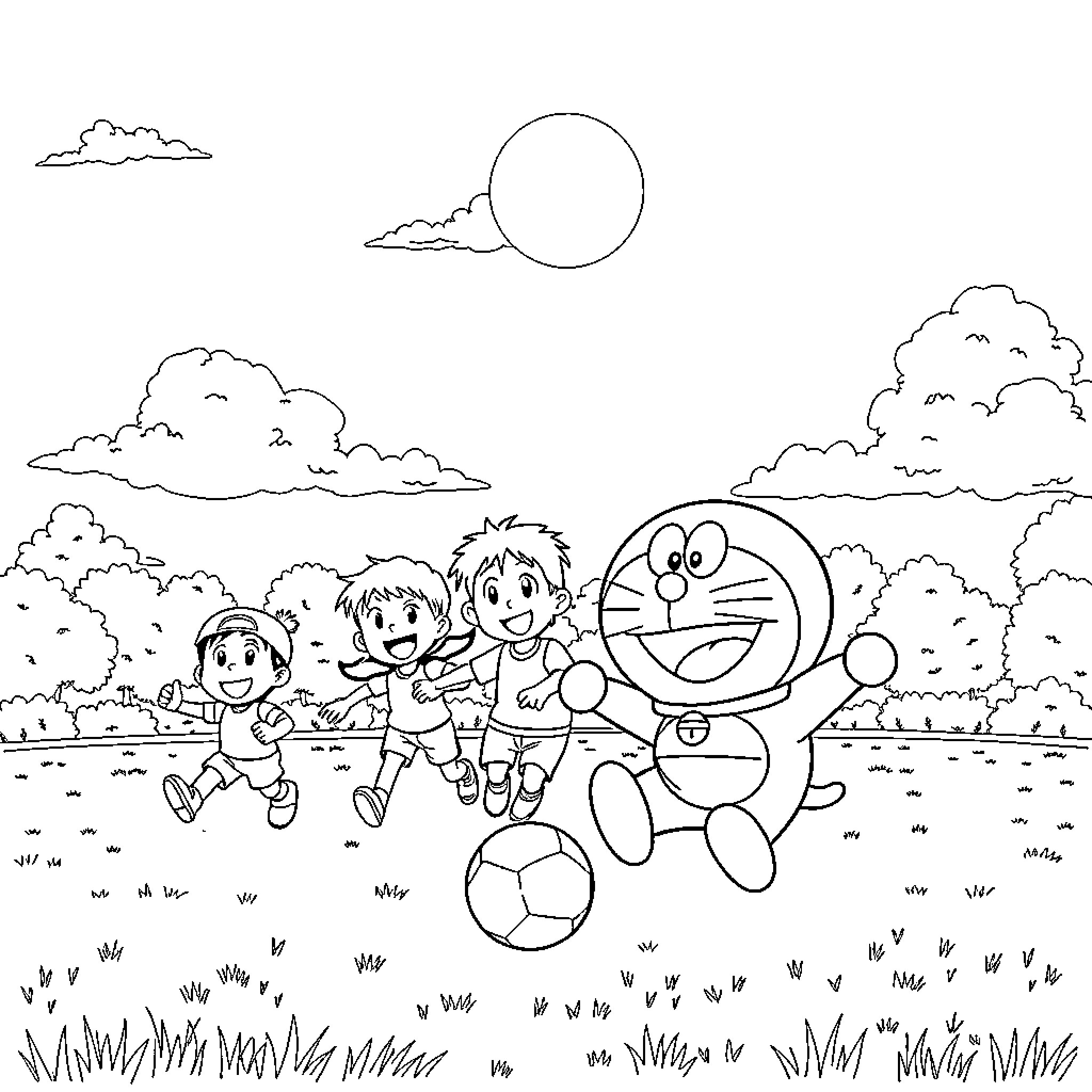 Doraemon playing soccer with children in the park Coloring Page (free black-and-white line drawing printable PDF for all, from beginners to advanced learners, including children, teens, adults, and seniors)