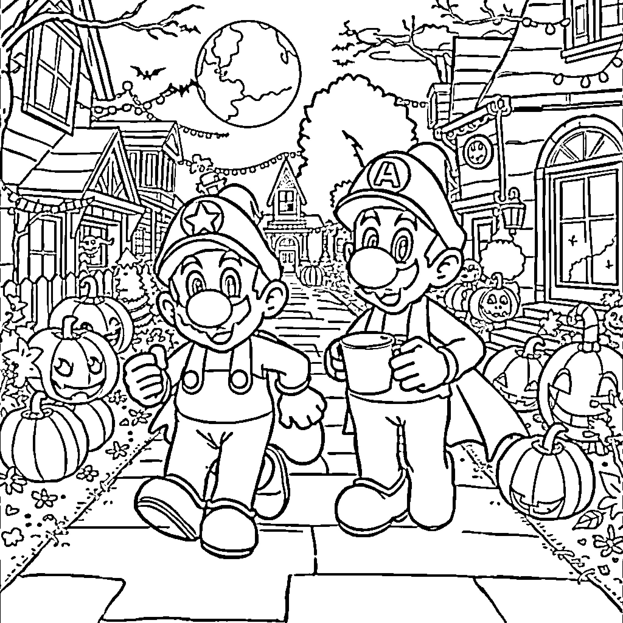 Mario and Luigi Explore the Magical Town Coloring Page (free black-and-white line drawing printable PDF for all, from beginners to advanced learners, including children, teens, adults, and seniors)