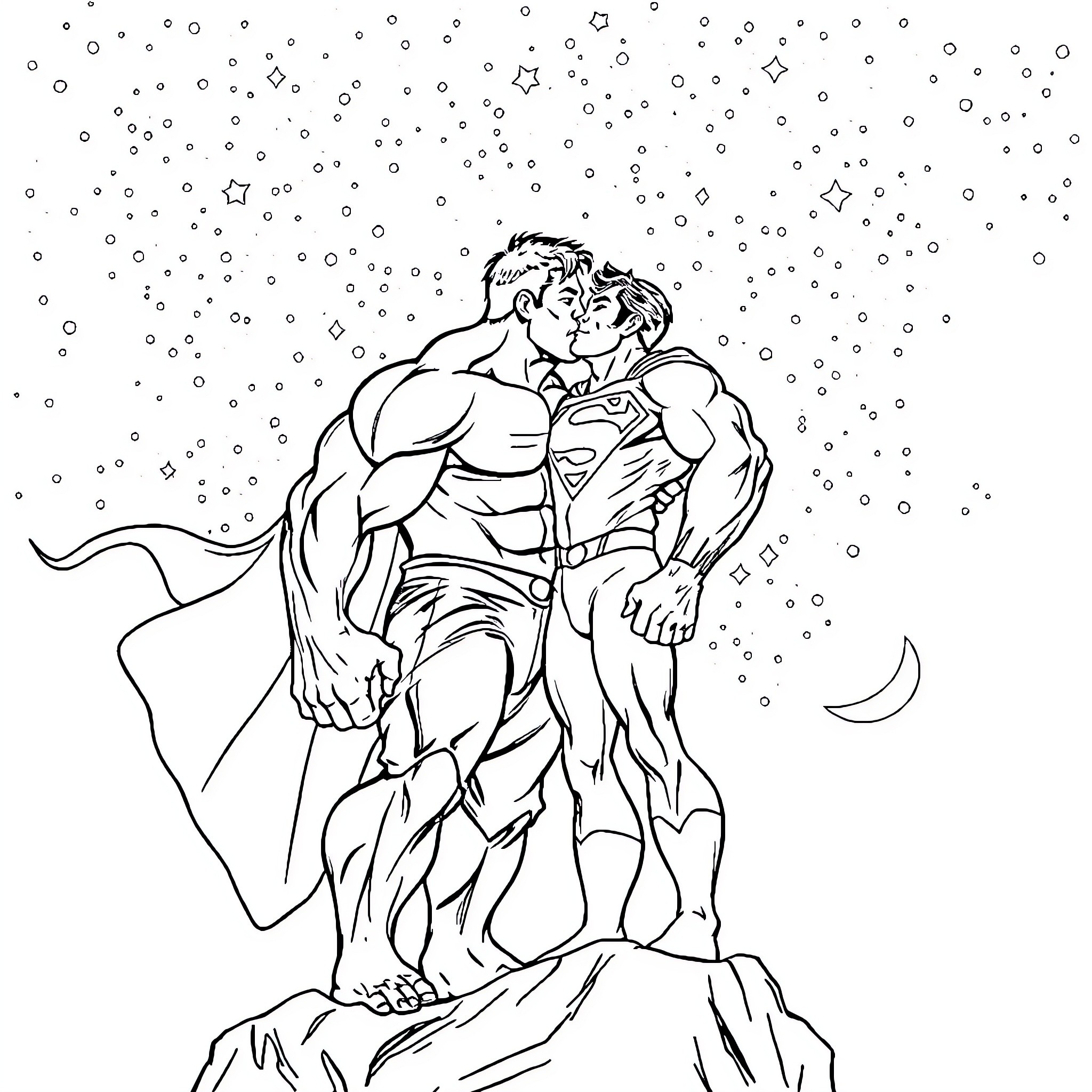Hulk Superheroes in Starry Night Embrace Coloring Page (free black-and-white line drawing printable PDF for all, from beginners to advanced learners, including children, teens, adults, and seniors)