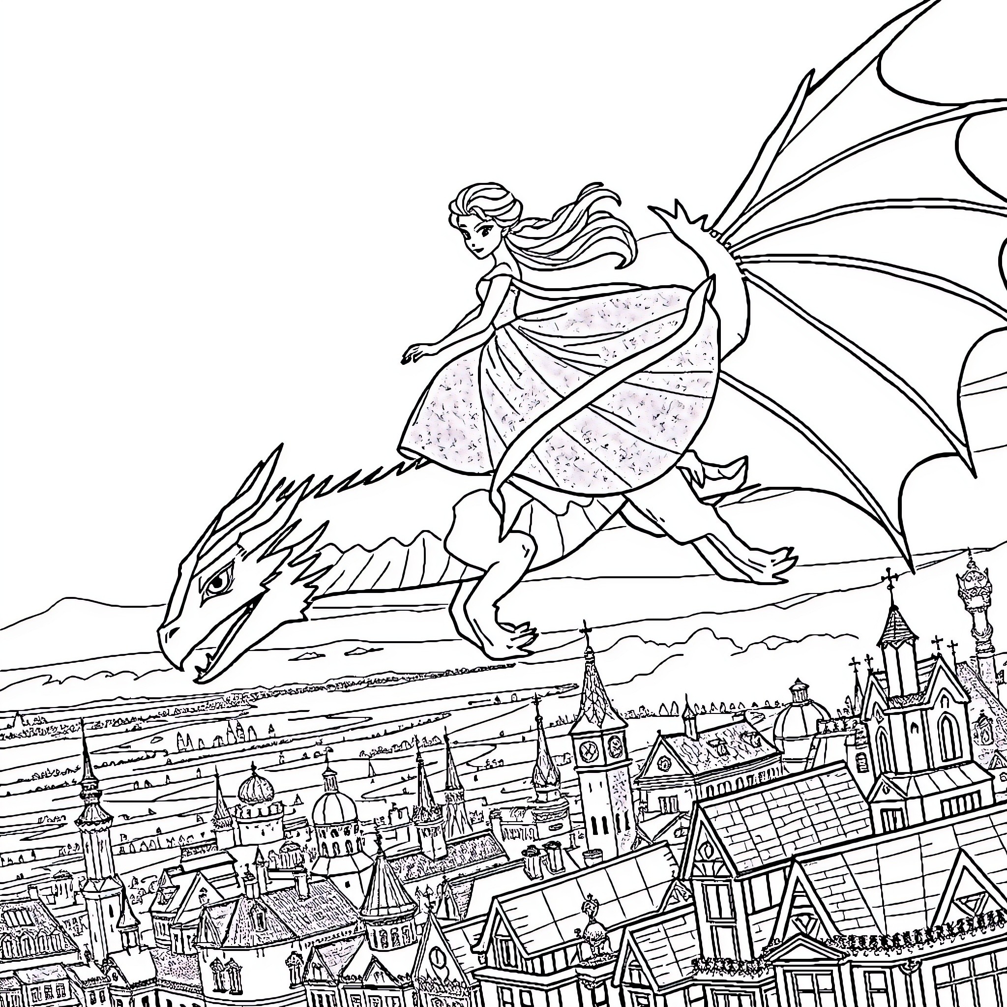 Elsa riding a dragon over a fantasy city Coloring Page (free black-and-white line drawing printable PDF for all, from beginners to advanced learners, including children, teens, adults, and seniors)