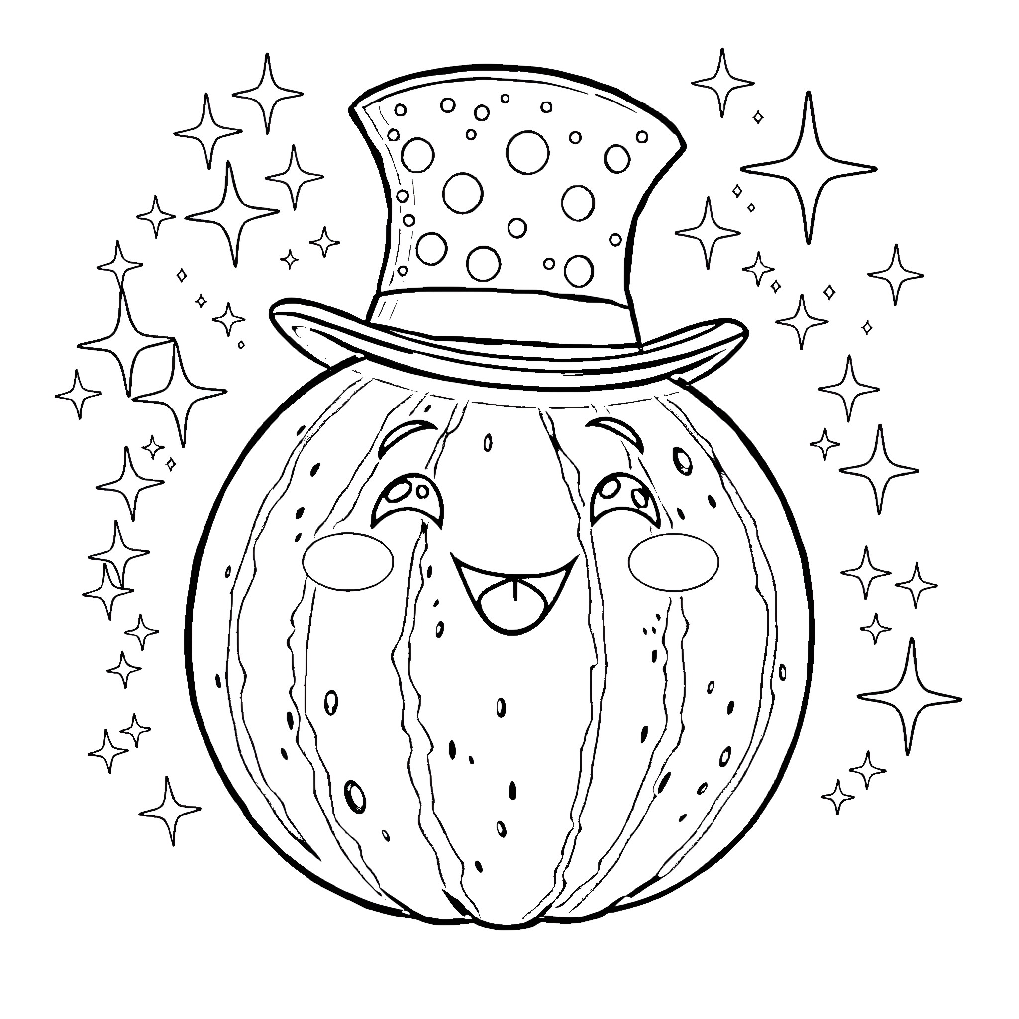 Watermelon wearing a fancy hat and surrounded by stars Coloring Page (free black-and-white line drawing printable PDF for all, from beginners to advanced learners, including children, teens, adults, and seniors)