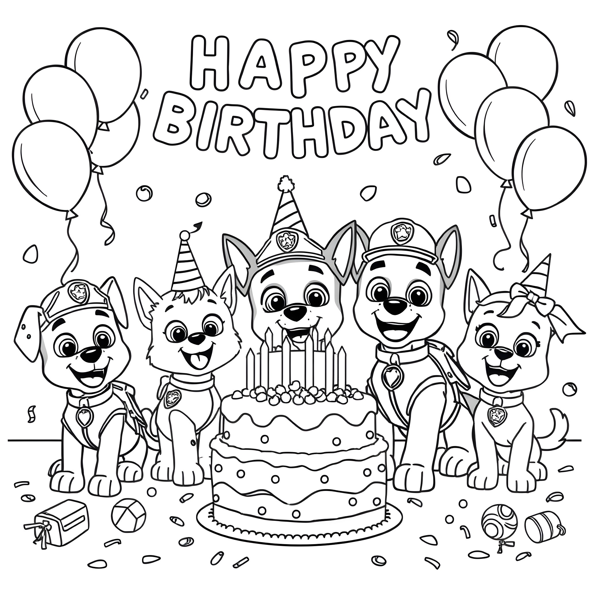 Paw Patrol Puppies Celebrating Happy Birthday Party Coloring Page (free black-and-white line drawing printable PDF for all, from beginners to advanced learners, including children, teens, adults, and seniors)