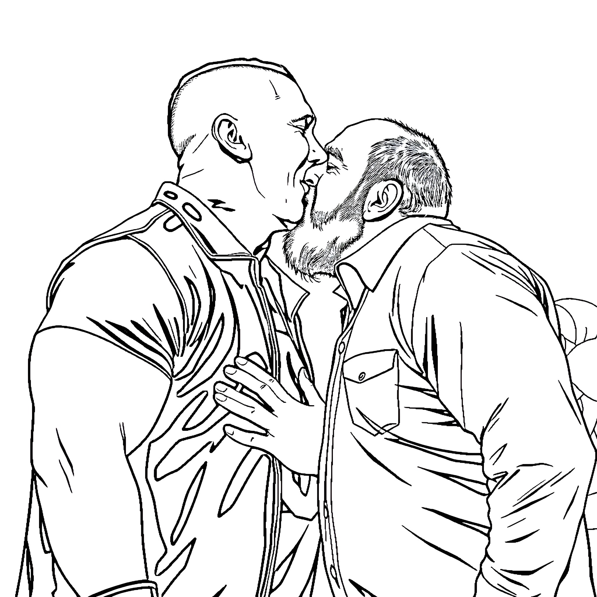 John Cena Embracing Another Man Warmly Coloring Page (free black-and-white line drawing printable PDF for all, from beginners to advanced learners, including children, teens, adults, and seniors)