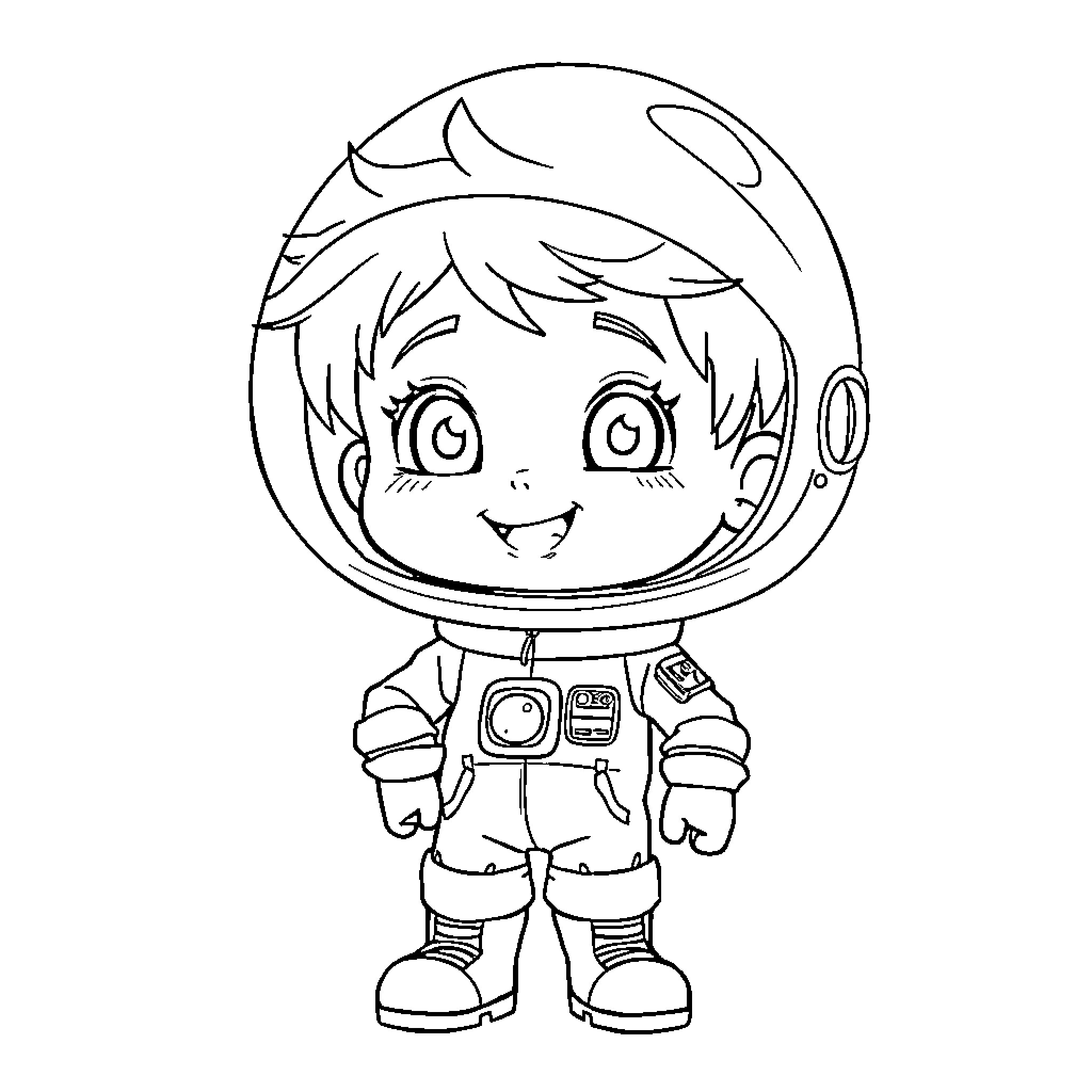 Child Astronaut Exploring the Universe Coloring Page (free black-and-white line drawing printable PDF for all, from beginners to advanced learners, including children, teens, adults, and seniors)